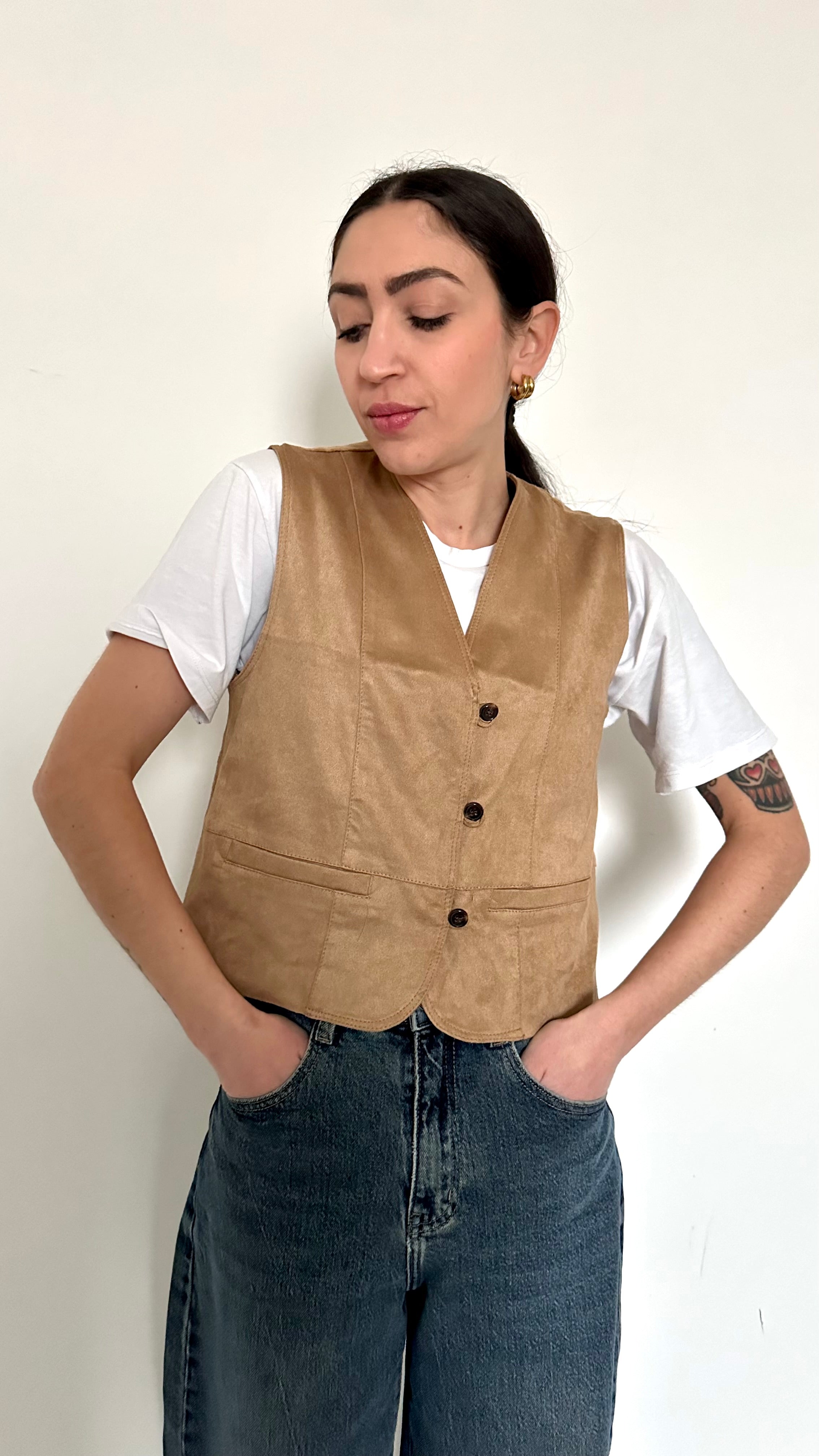 Gilet Beige Effetto Scamosciato