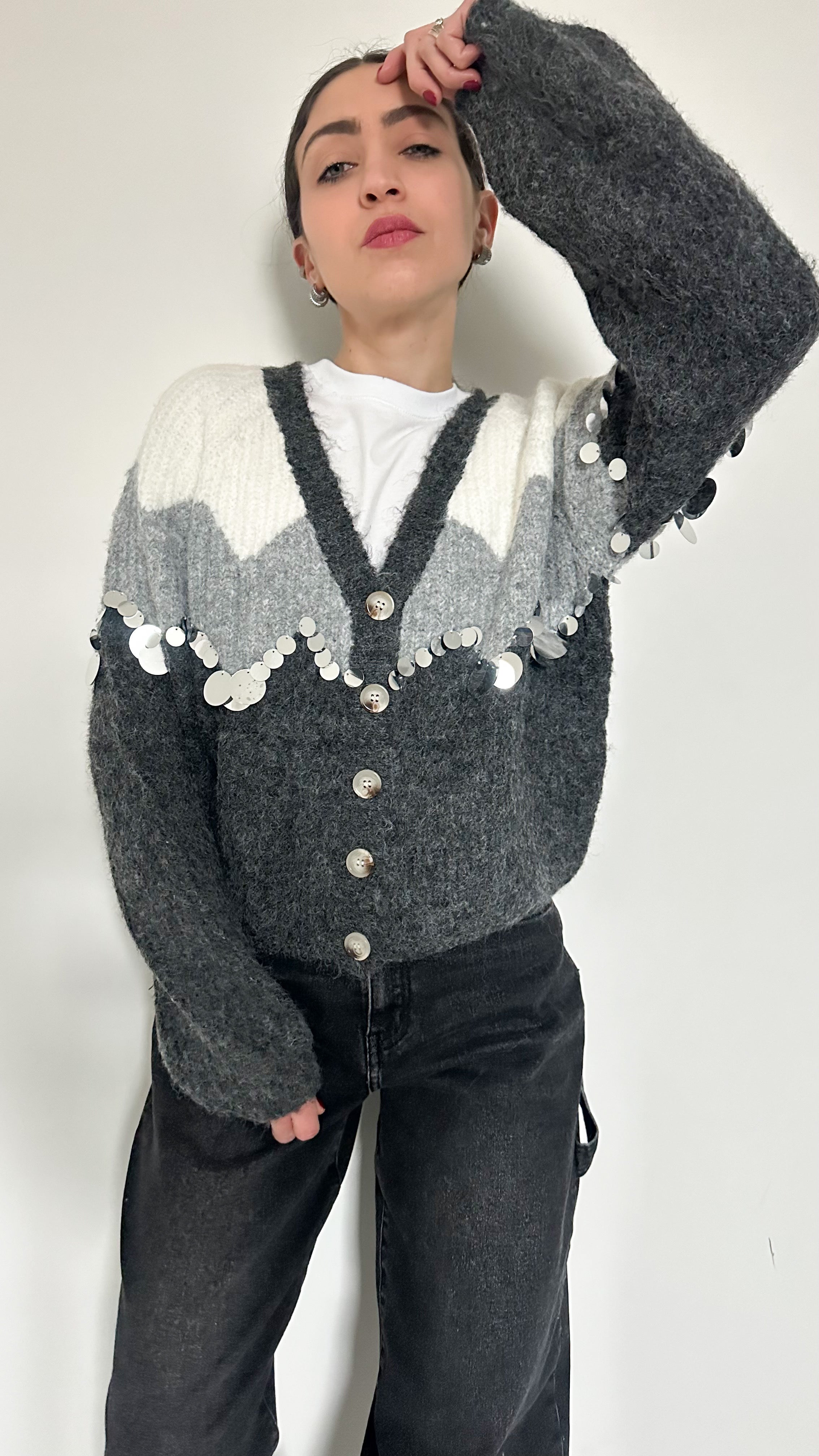 Cardigan Grigio Con Paillettes