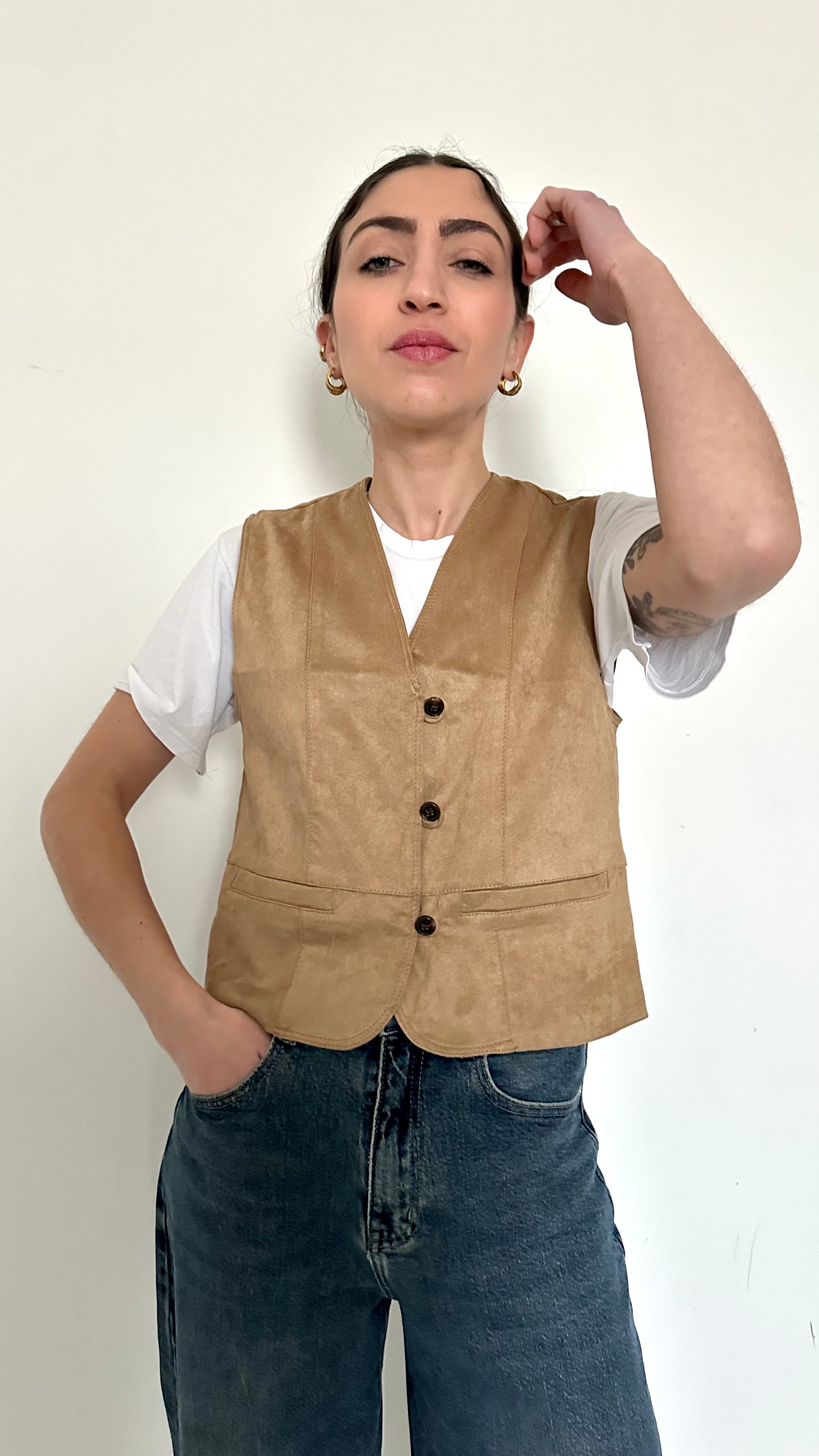 Gilet Beige Effetto Scamosciato