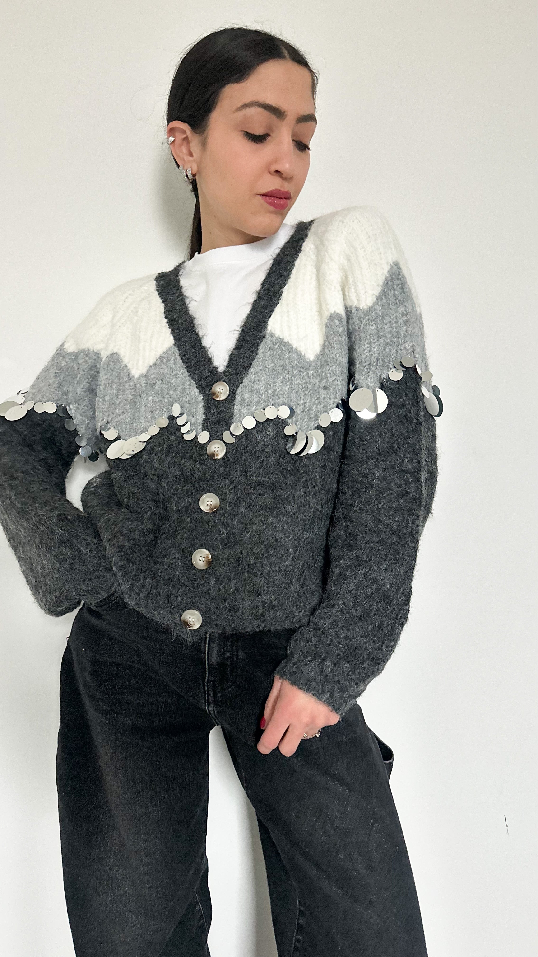 Cardigan Grigio Con Paillettes