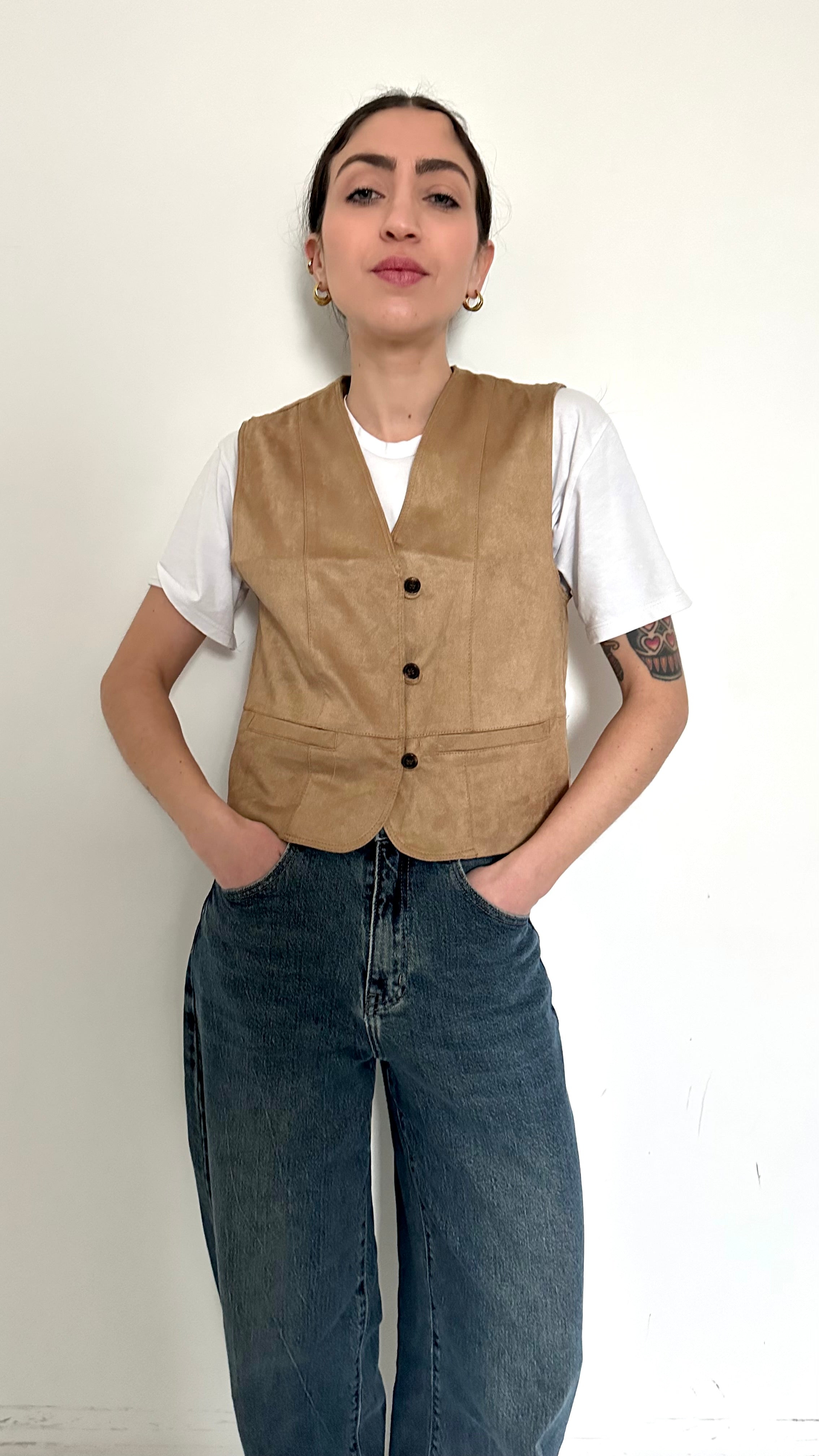 Gilet Beige Effetto Scamosciato