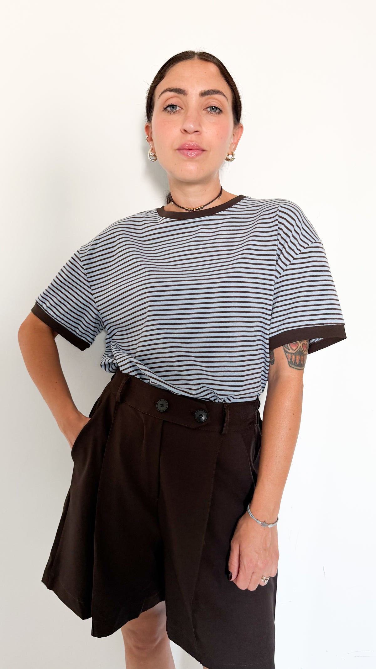 T-Shirt Celeste A Righe