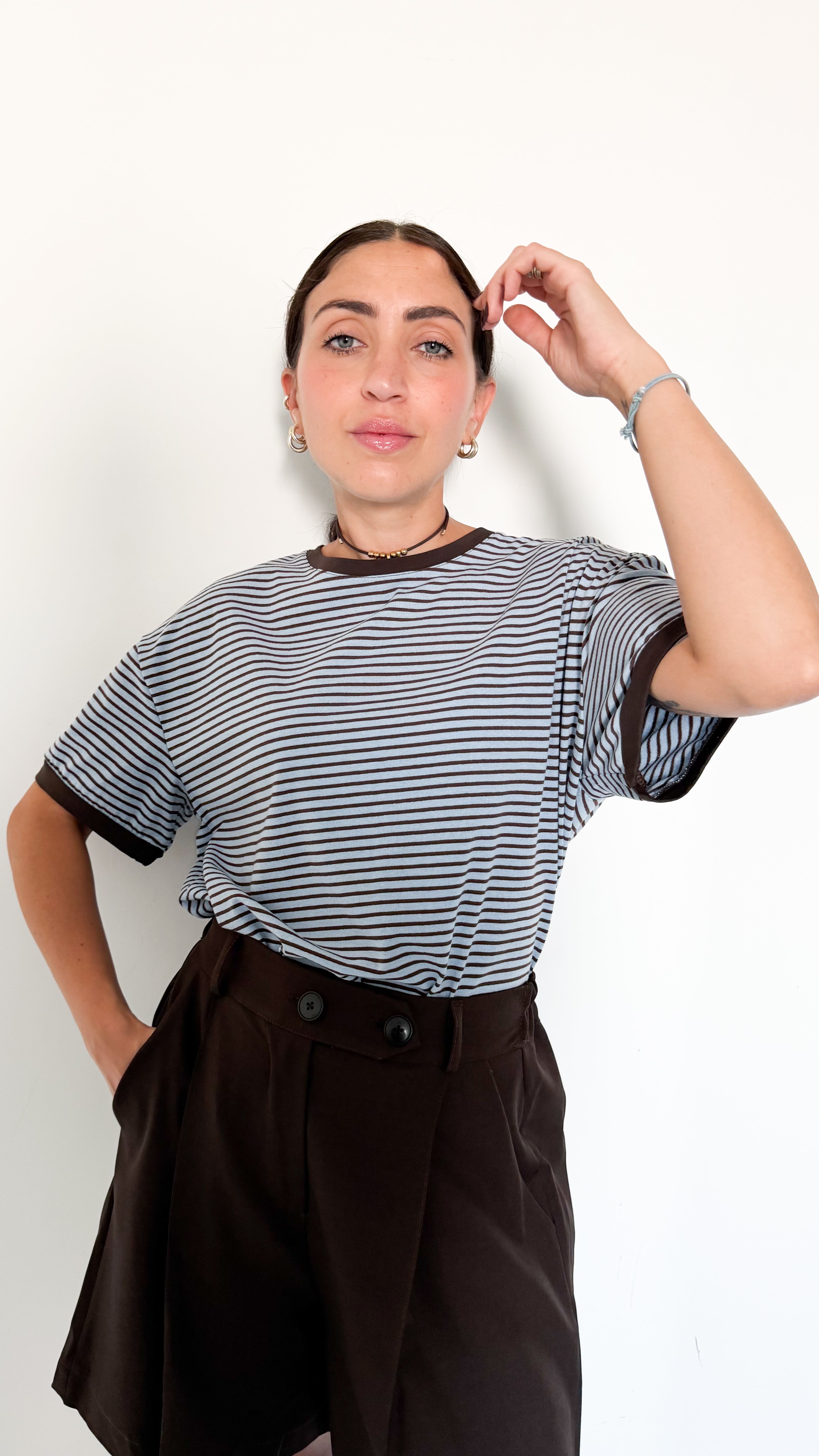 T-Shirt Celeste A Righe