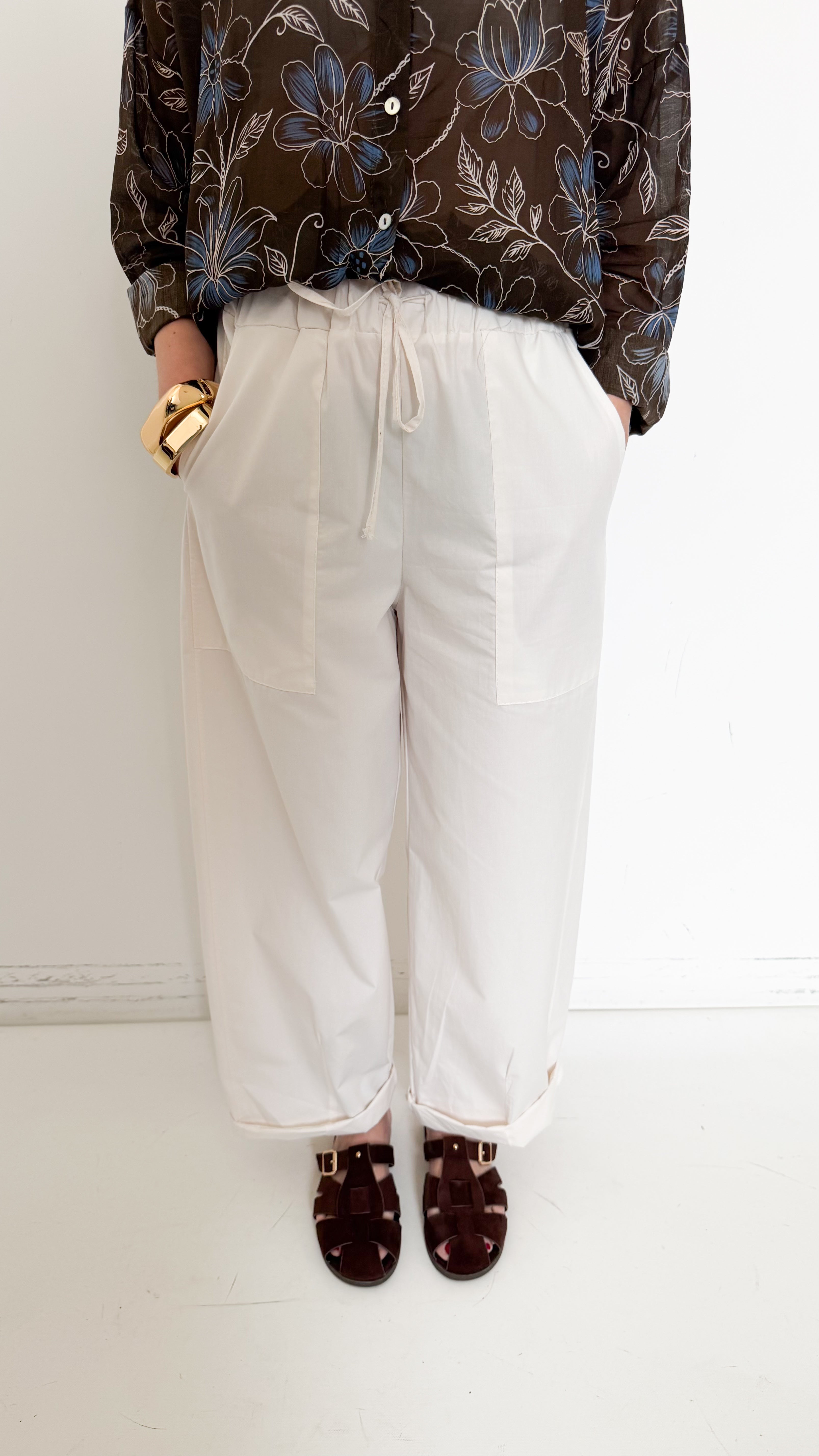 Pantaloni Panna In Cotone Con Coulisse