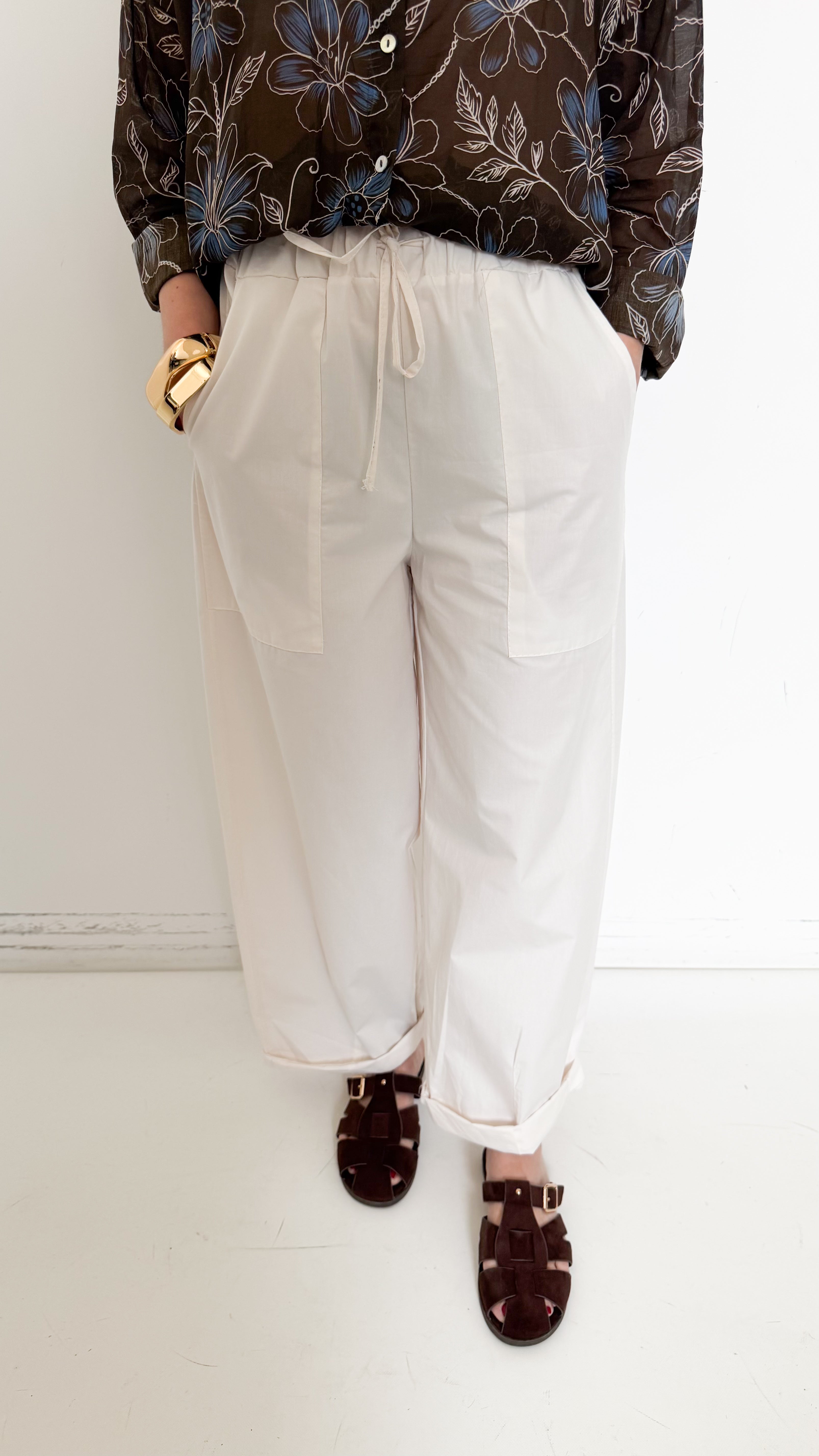 Pantaloni Panna In Cotone Con Coulisse