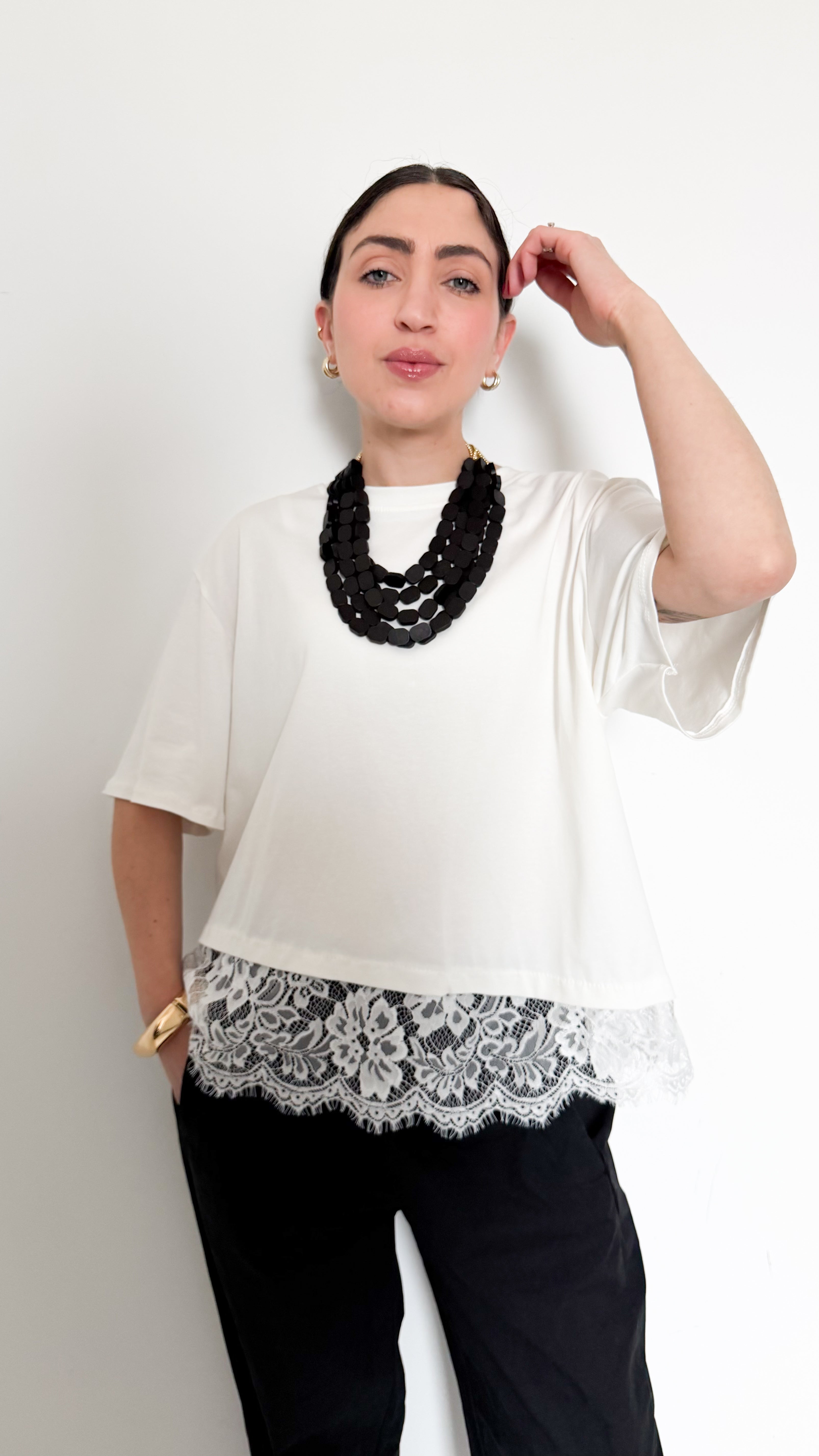 T-Shirt Bianca In Cotone Con Pizzo