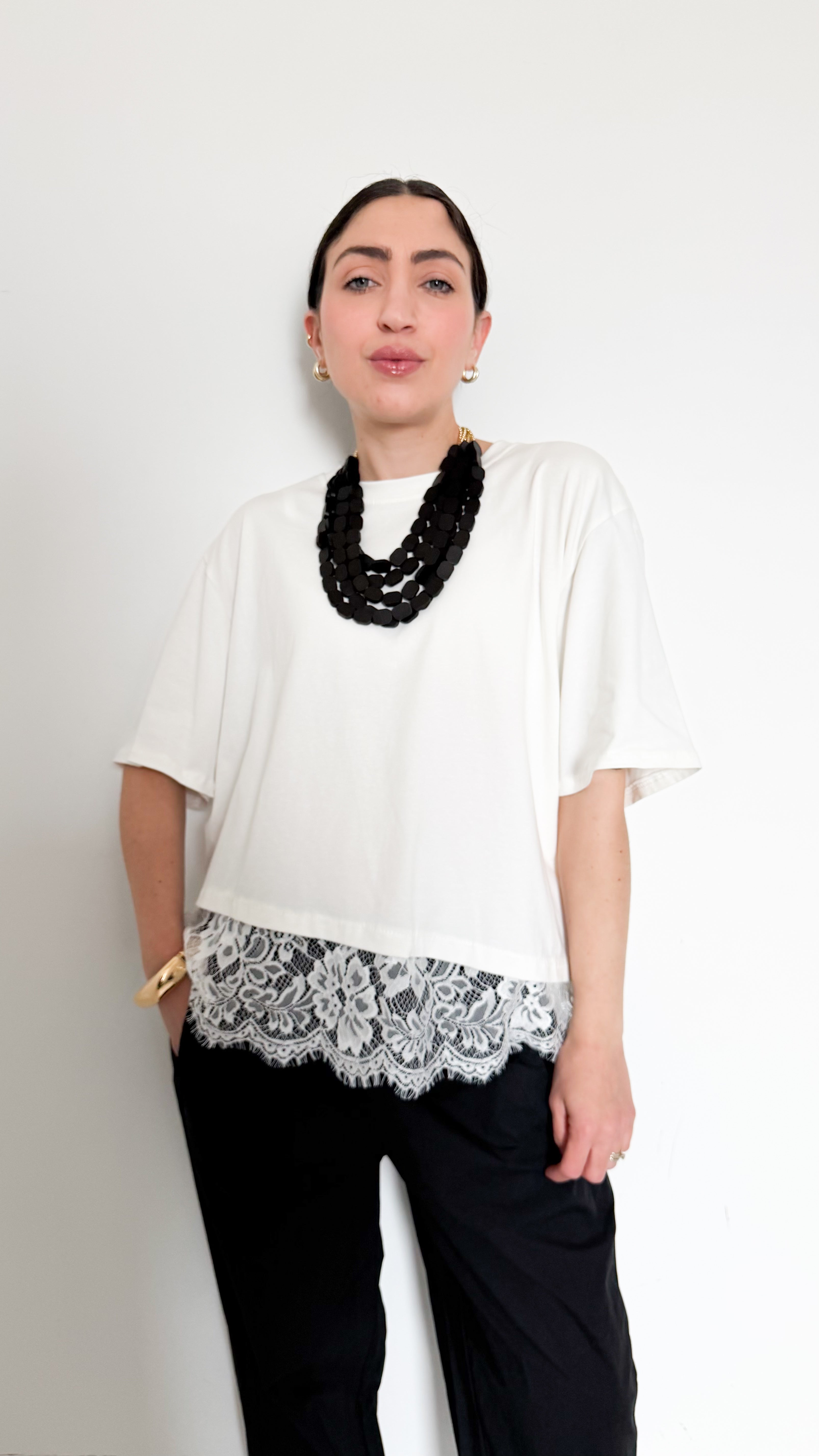 T-Shirt Bianca In Cotone Con Pizzo