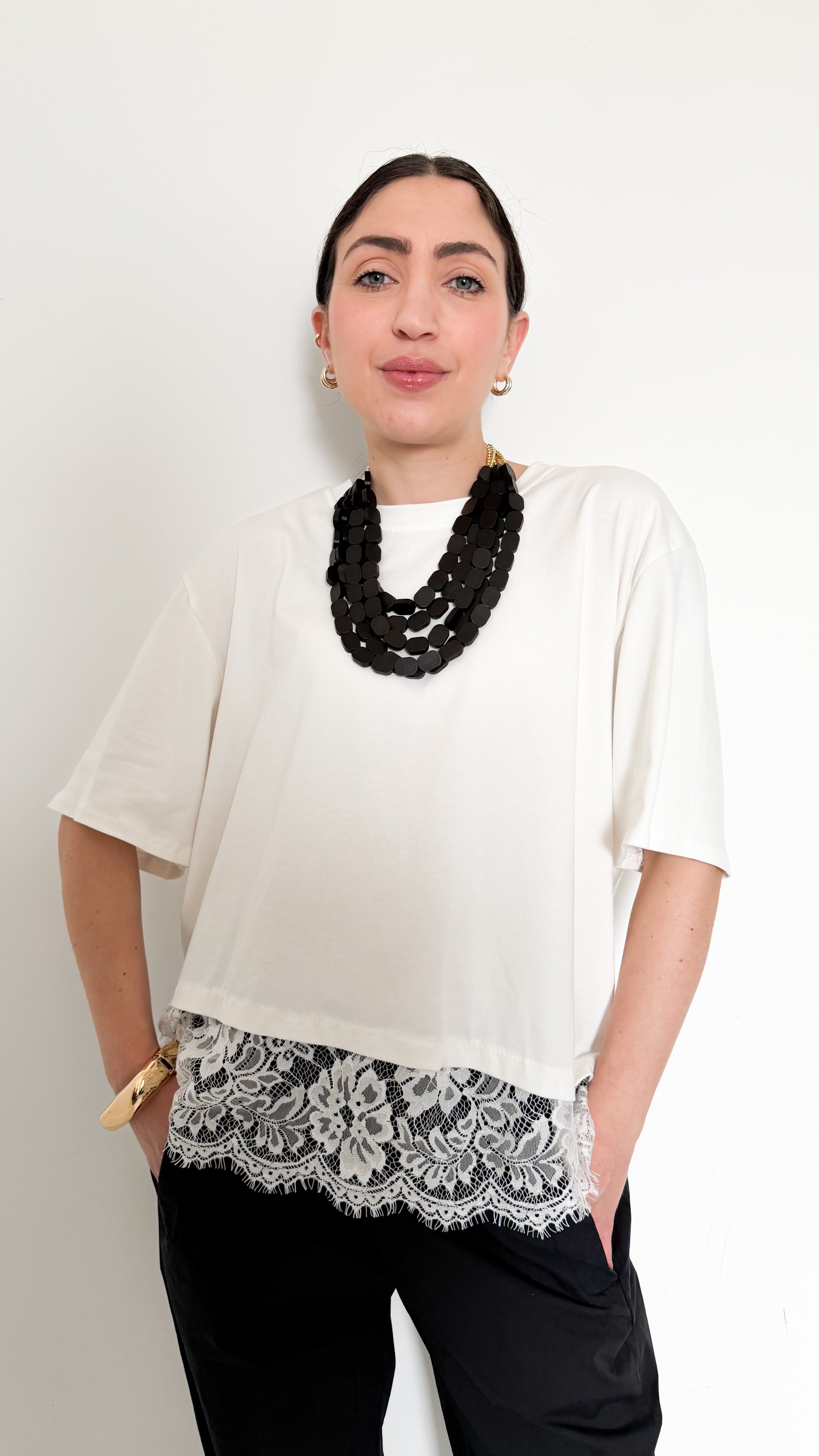T-Shirt Bianca In Cotone Con Pizzo