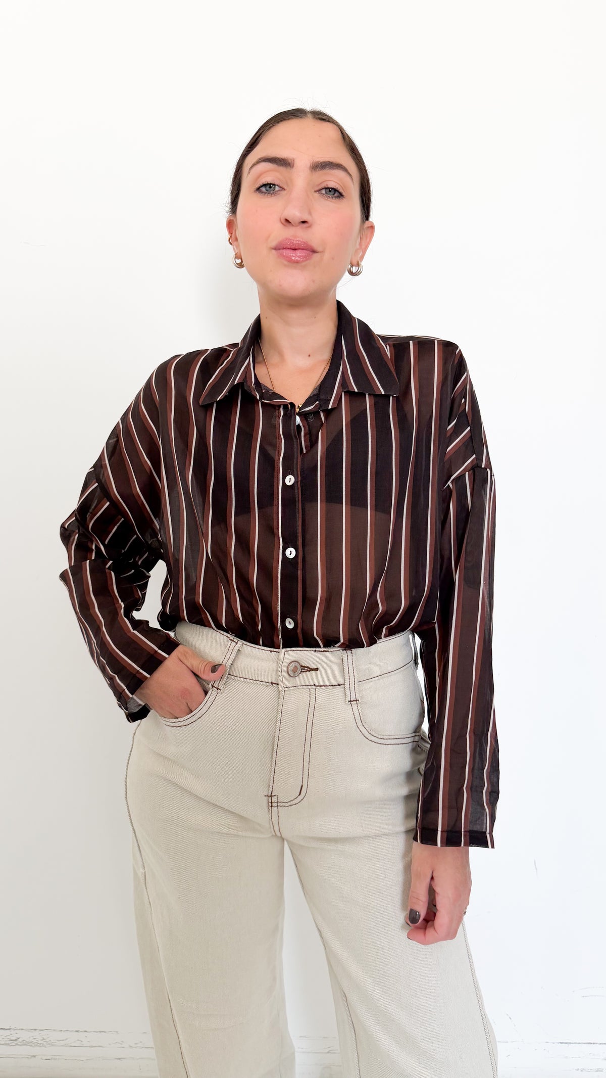 Camicia Marrone Velata A Righe