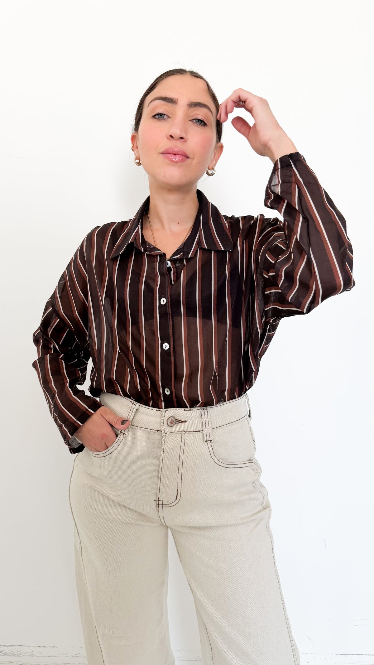 Camicia Marrone Velata A Righe