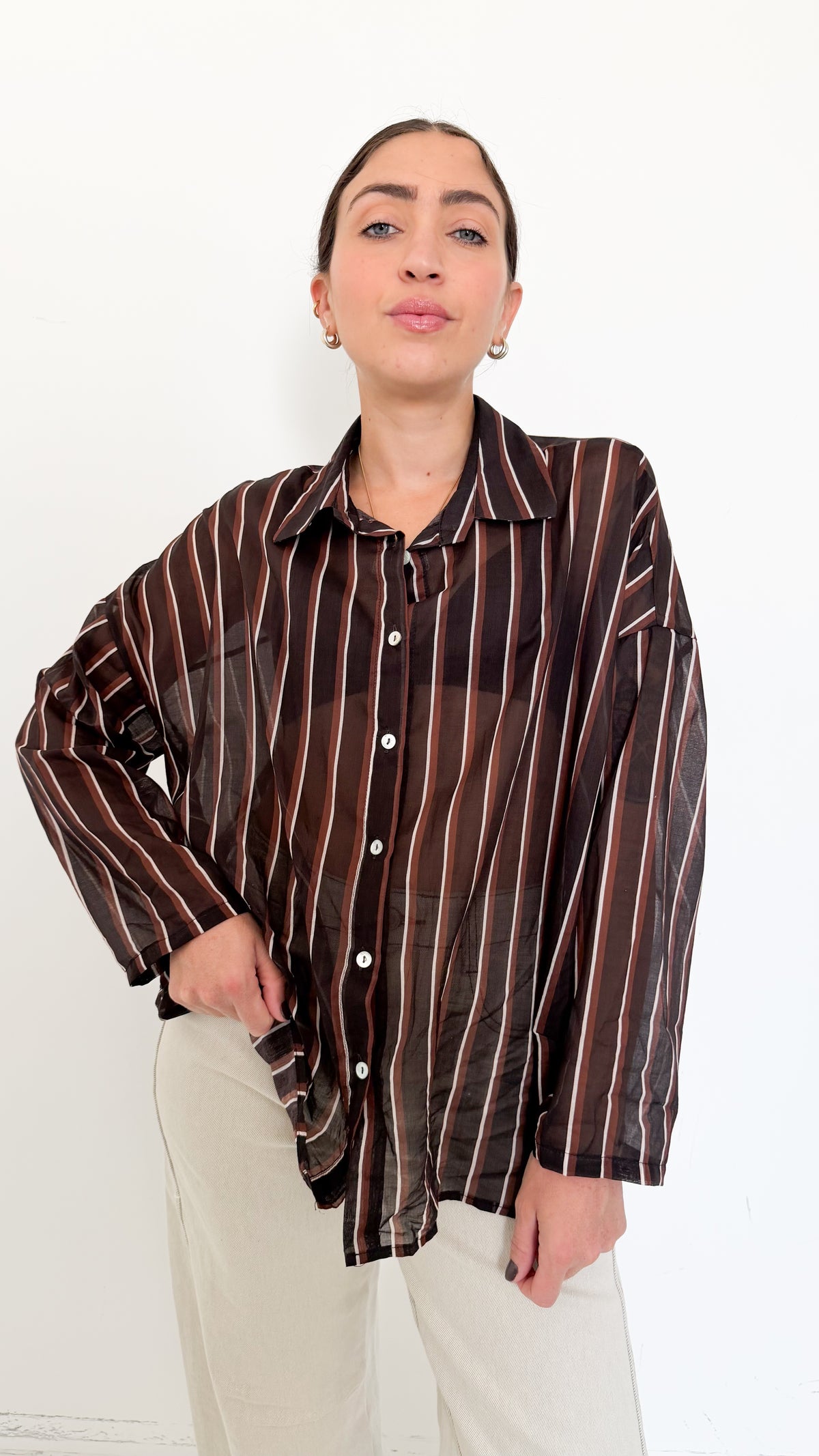 Camicia Marrone Velata A Righe