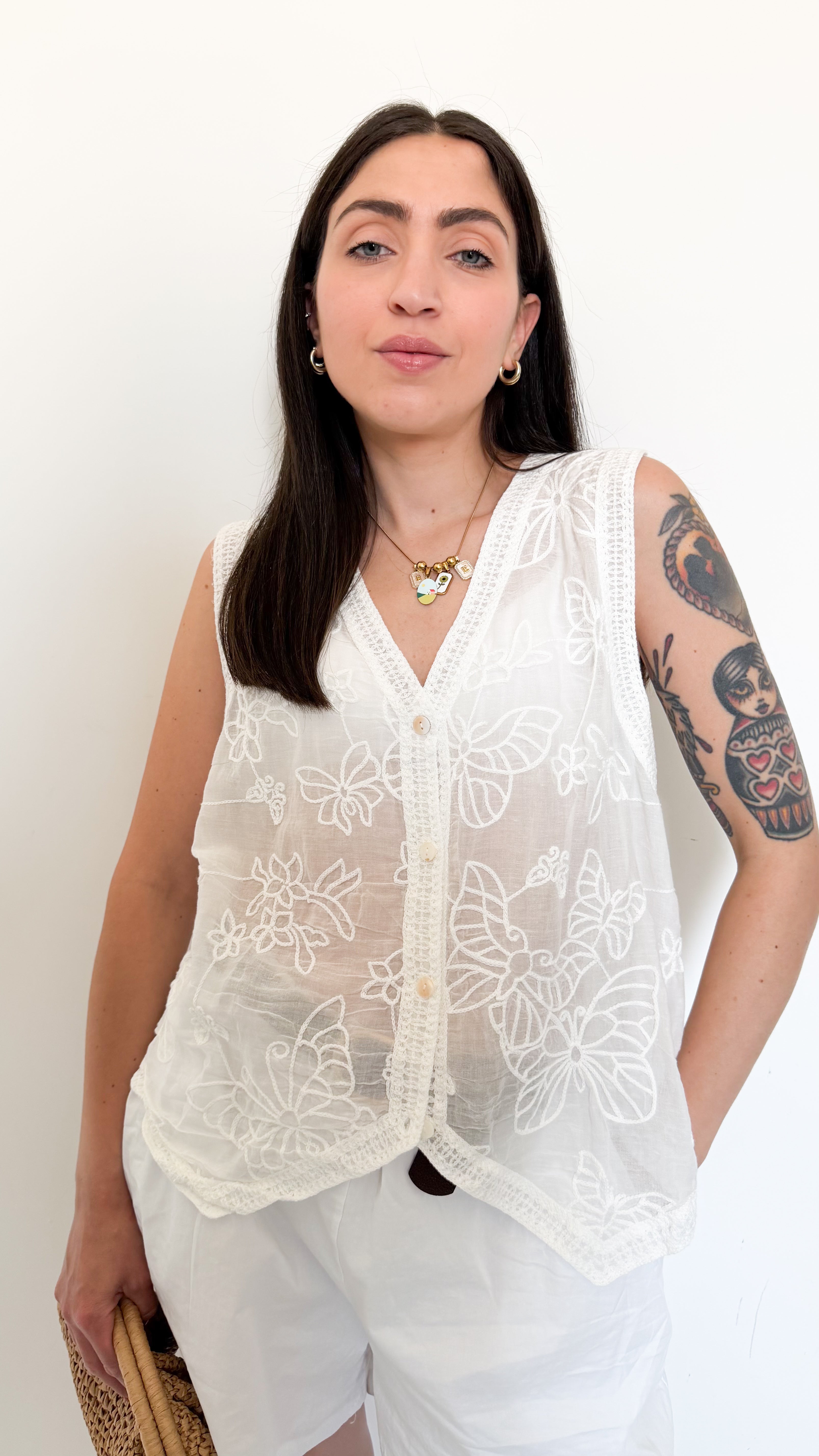 Gilet Bianco Con Ricami