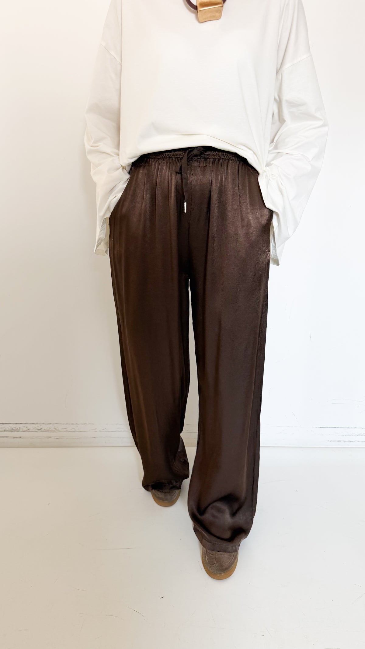 Pantaloni Marroni In Satin
