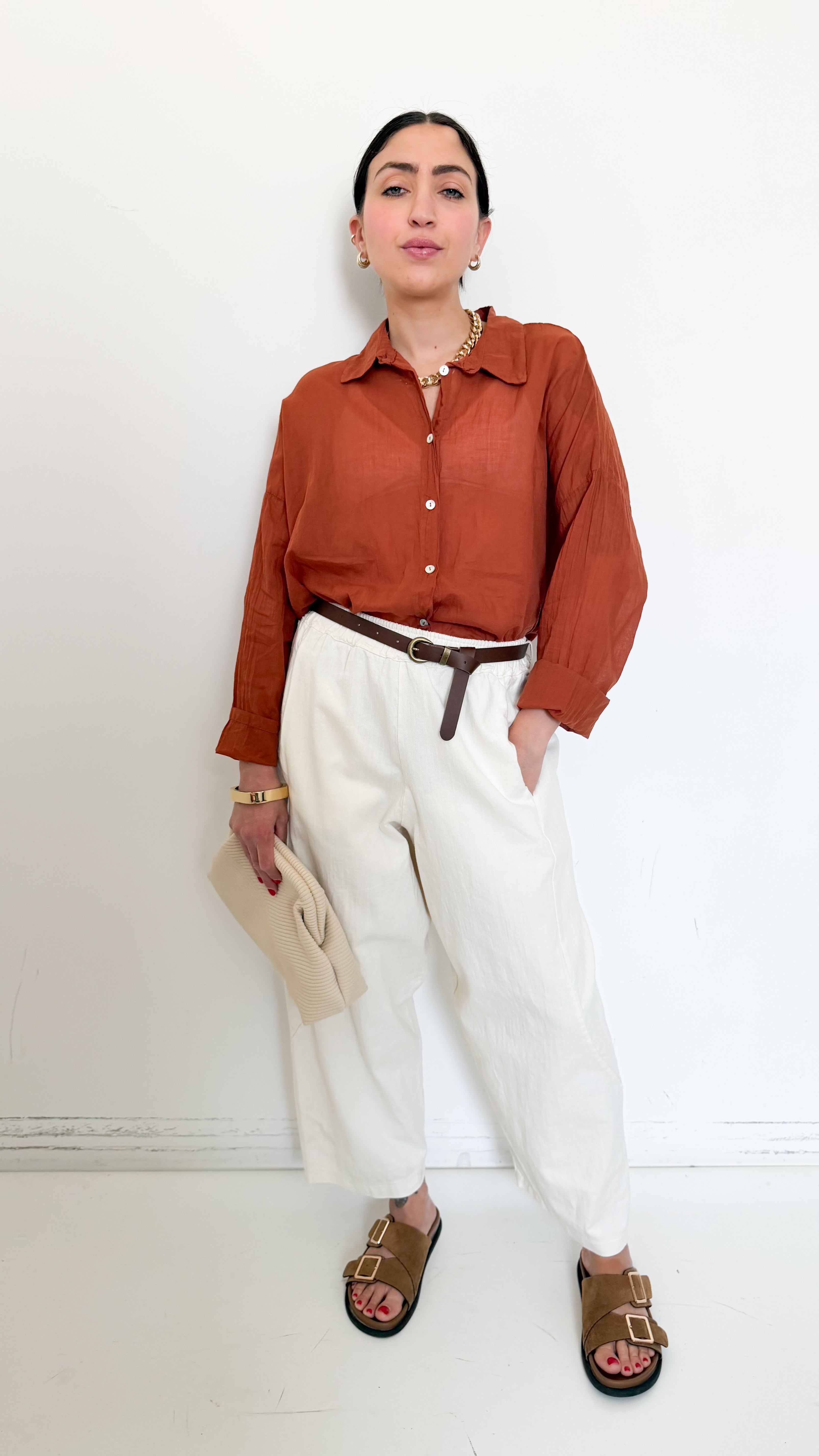 Pantaloni Panna Con Cintura