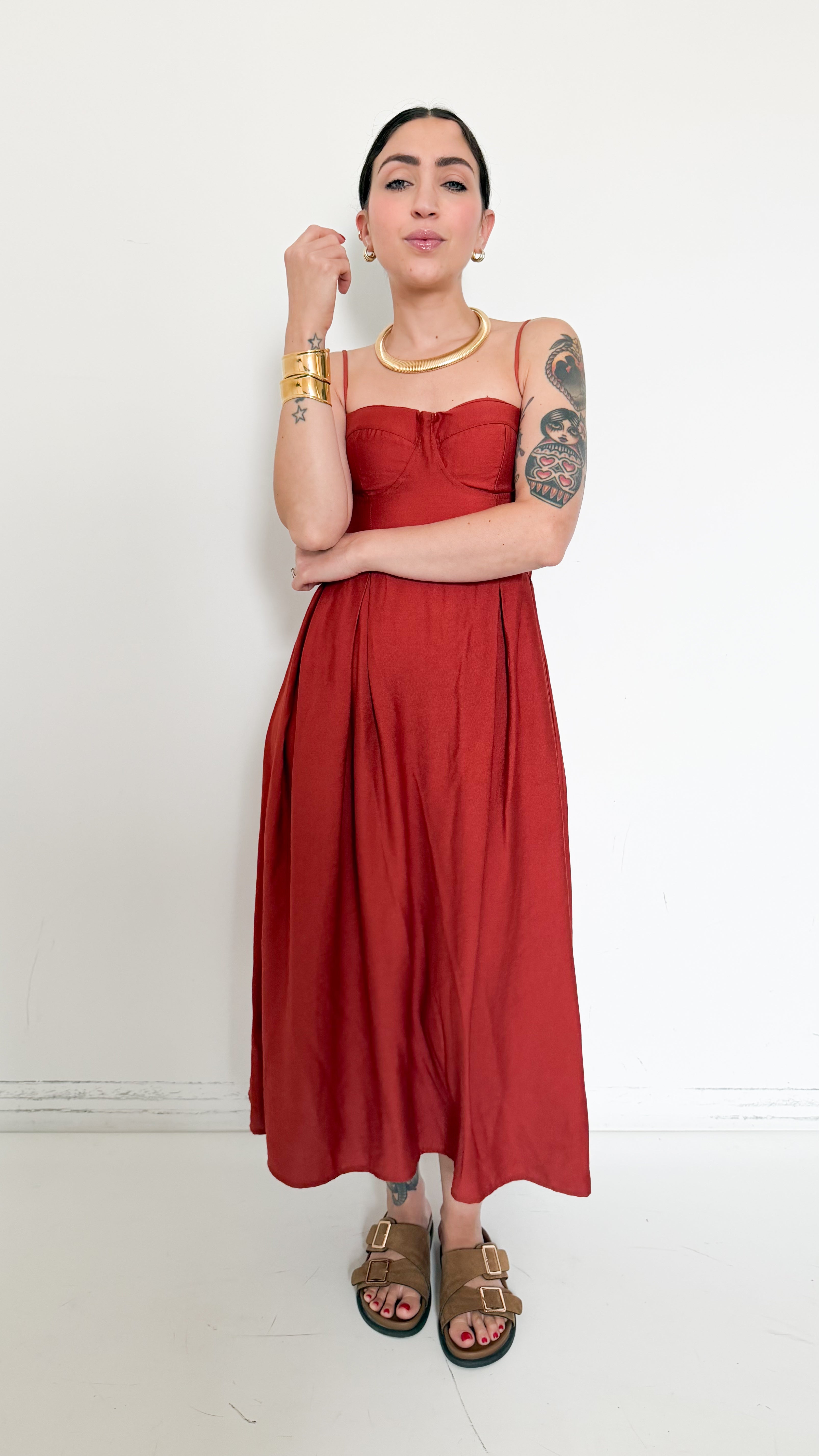 Vestito Ruggine Midi Con Lacci
