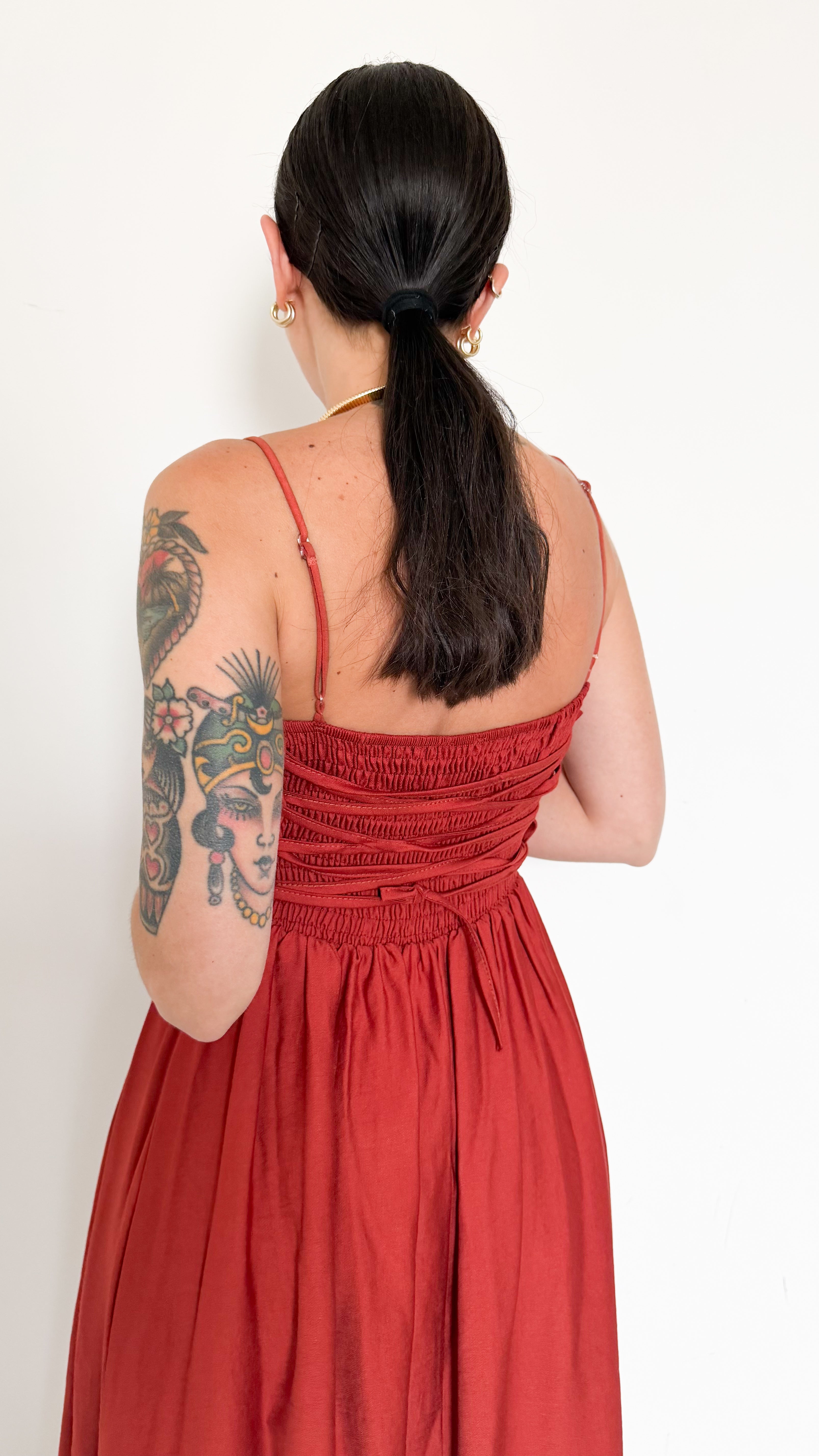 Vestito Ruggine Midi Con Lacci