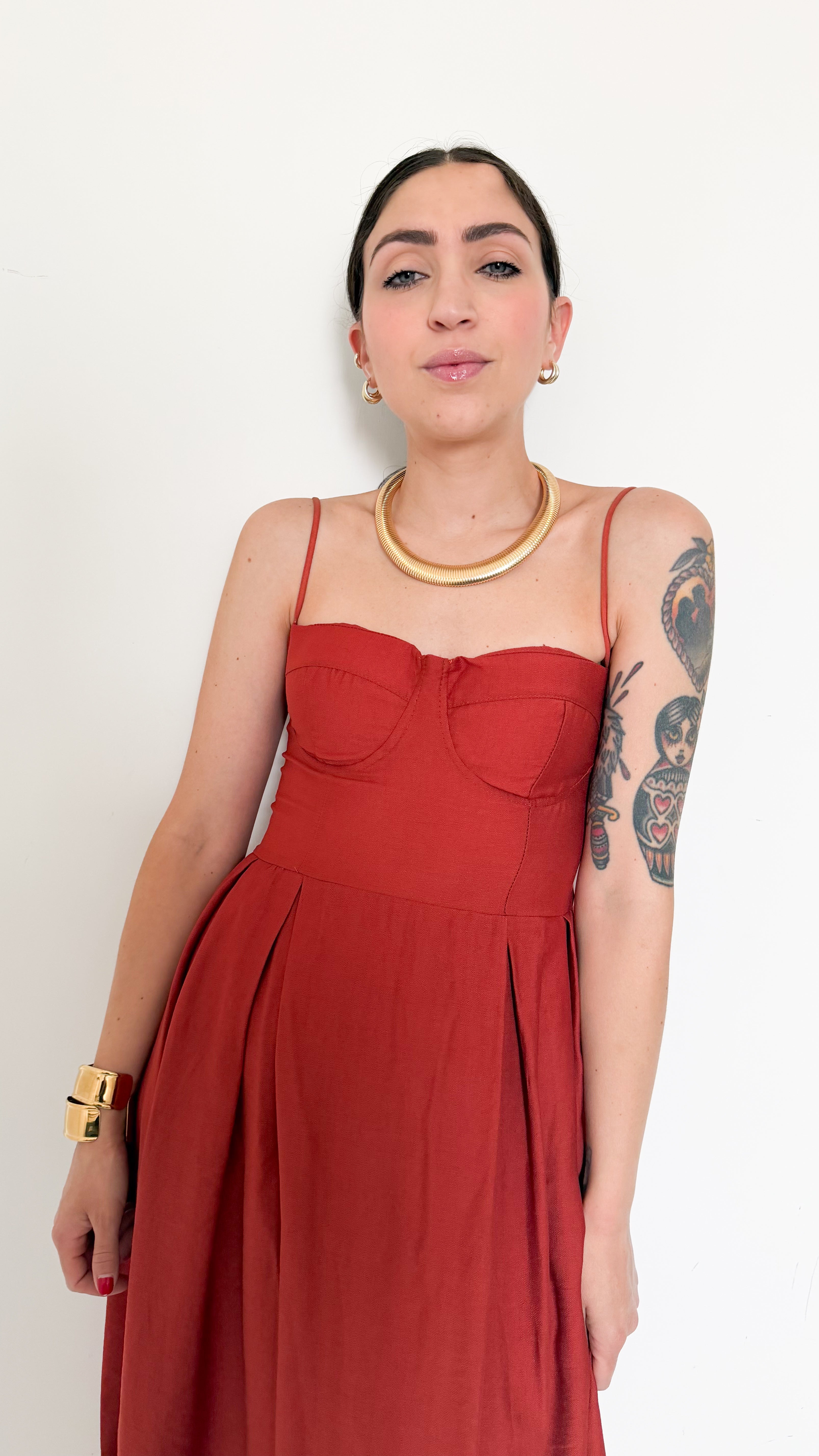 Vestito Ruggine Midi Con Lacci