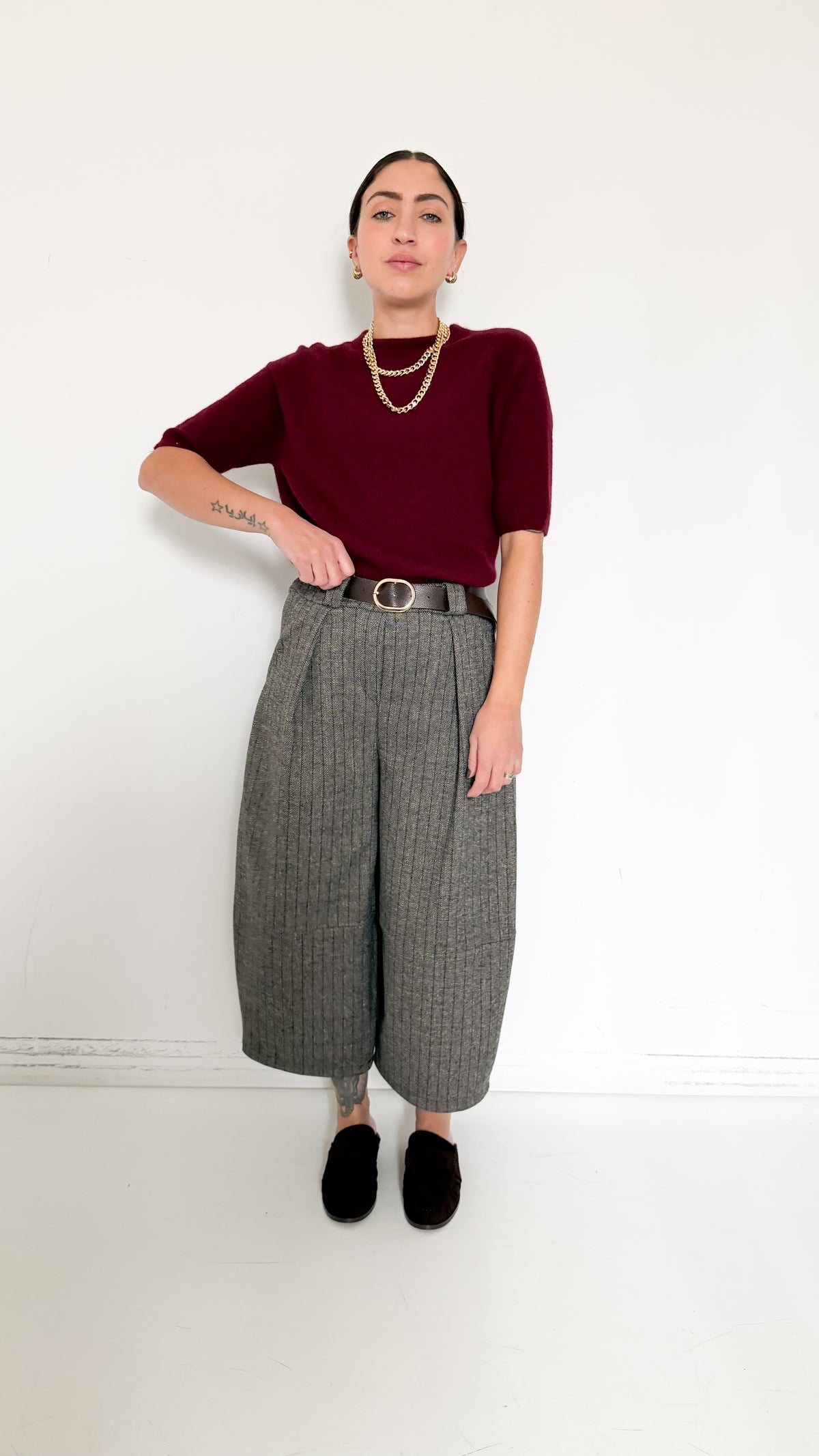 Pantaloni Gessati Cropped Barrel Grigi
