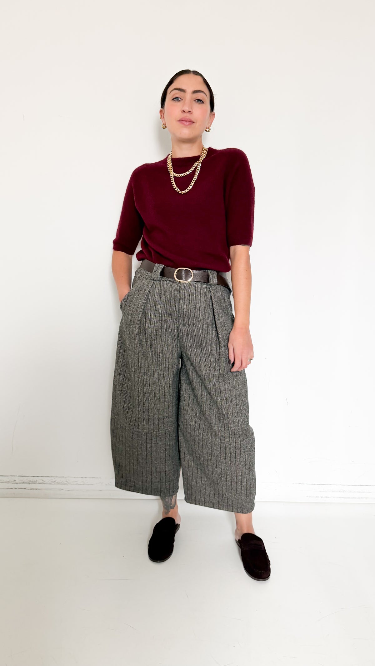 Pantaloni Gessati Cropped Barrel Grigi