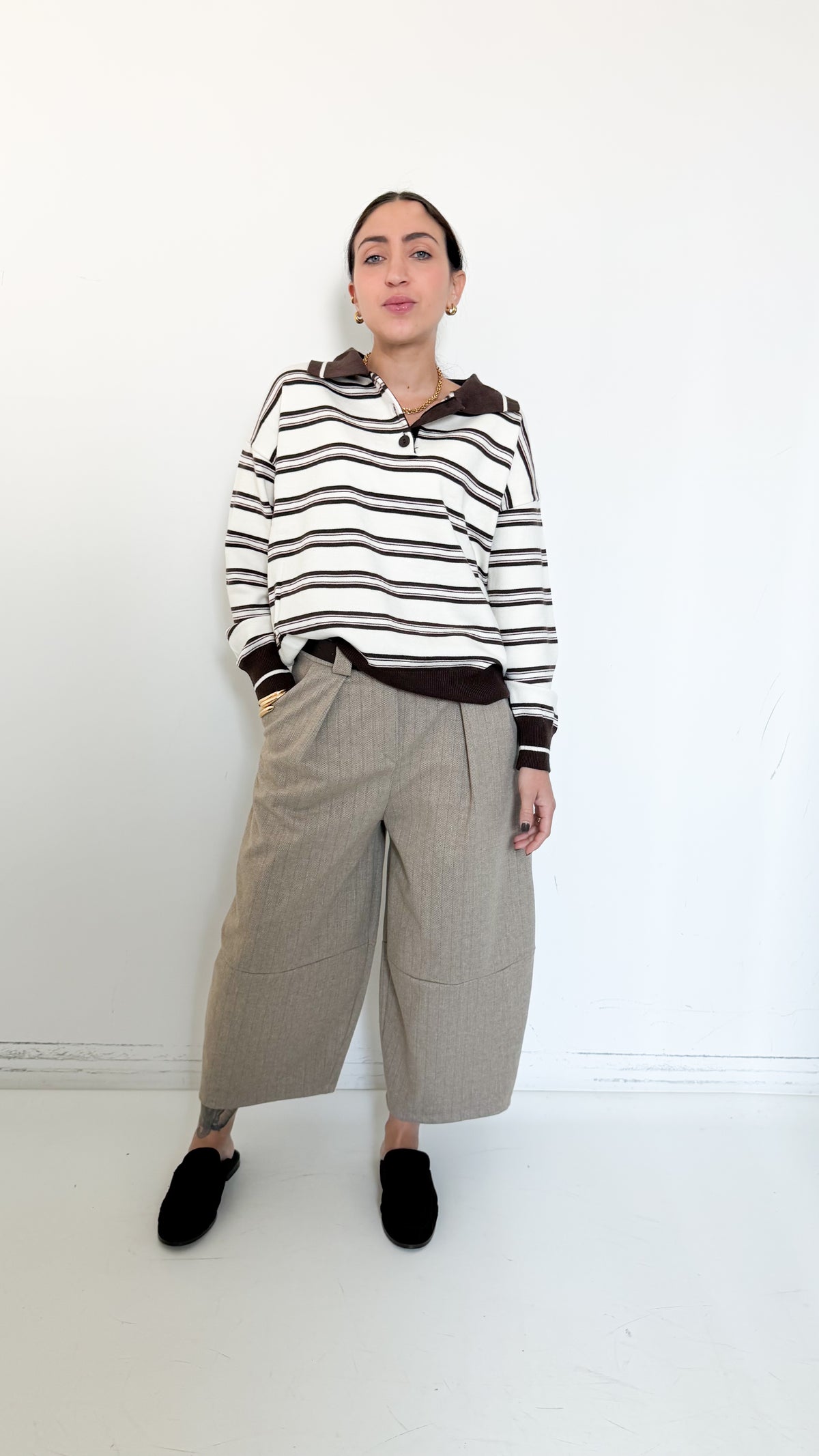 Pantaloni Gessati Beige Cropped Barrel