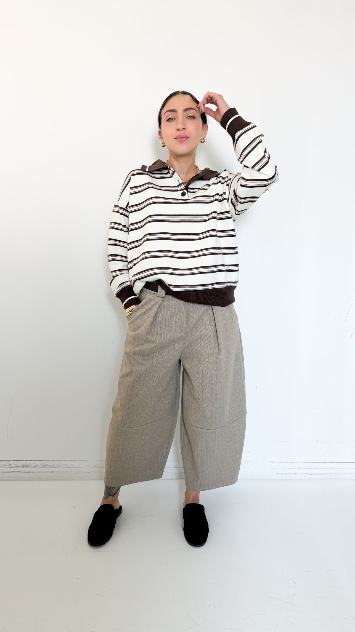 Pantaloni Gessati Beige Cropped Barrel