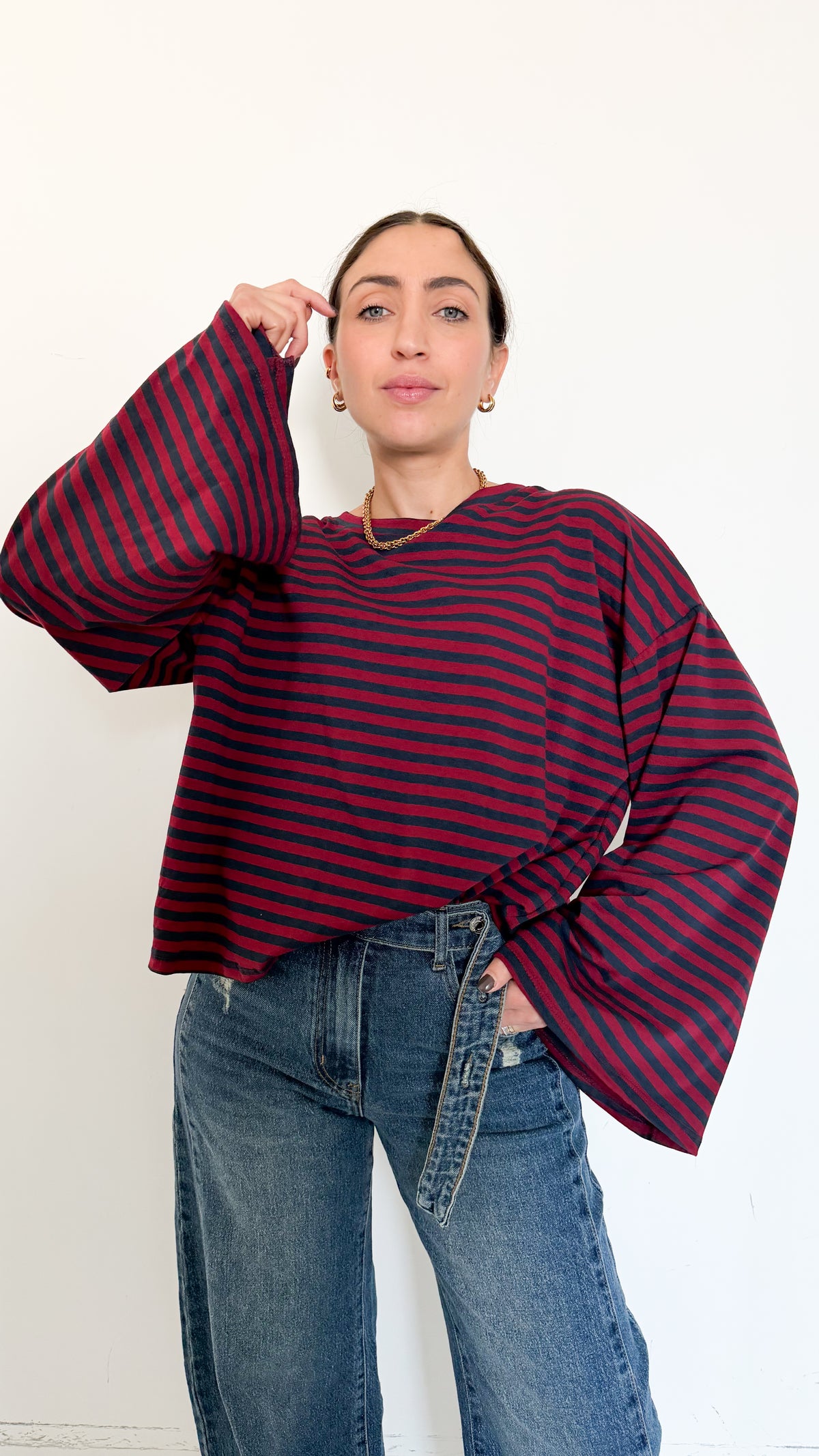 Maglia Bordeaux A Righe Manica A Campana