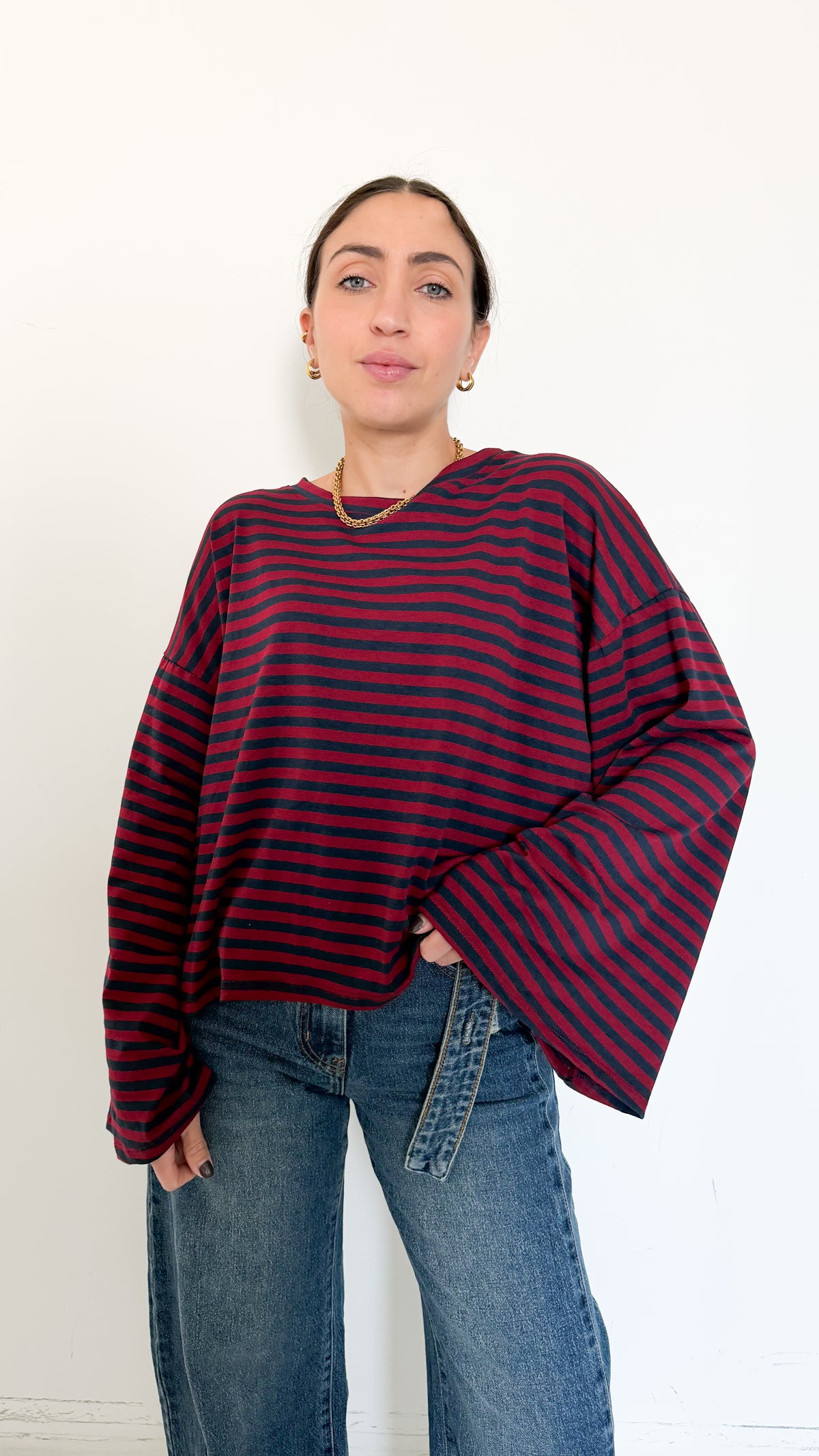 Maglia Bordeaux A Righe Manica A Campana