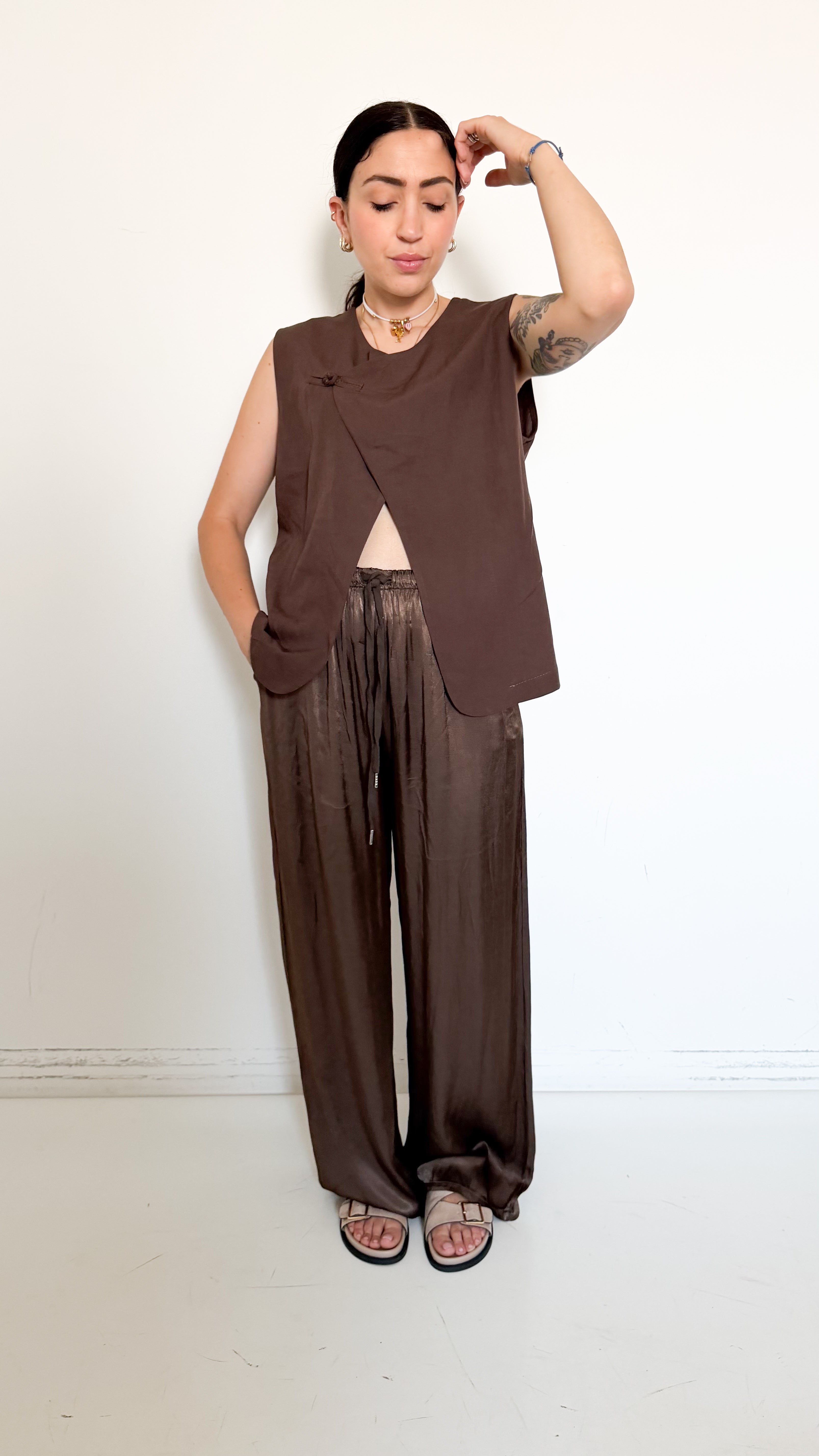 Pantaloni Marroni In Satin