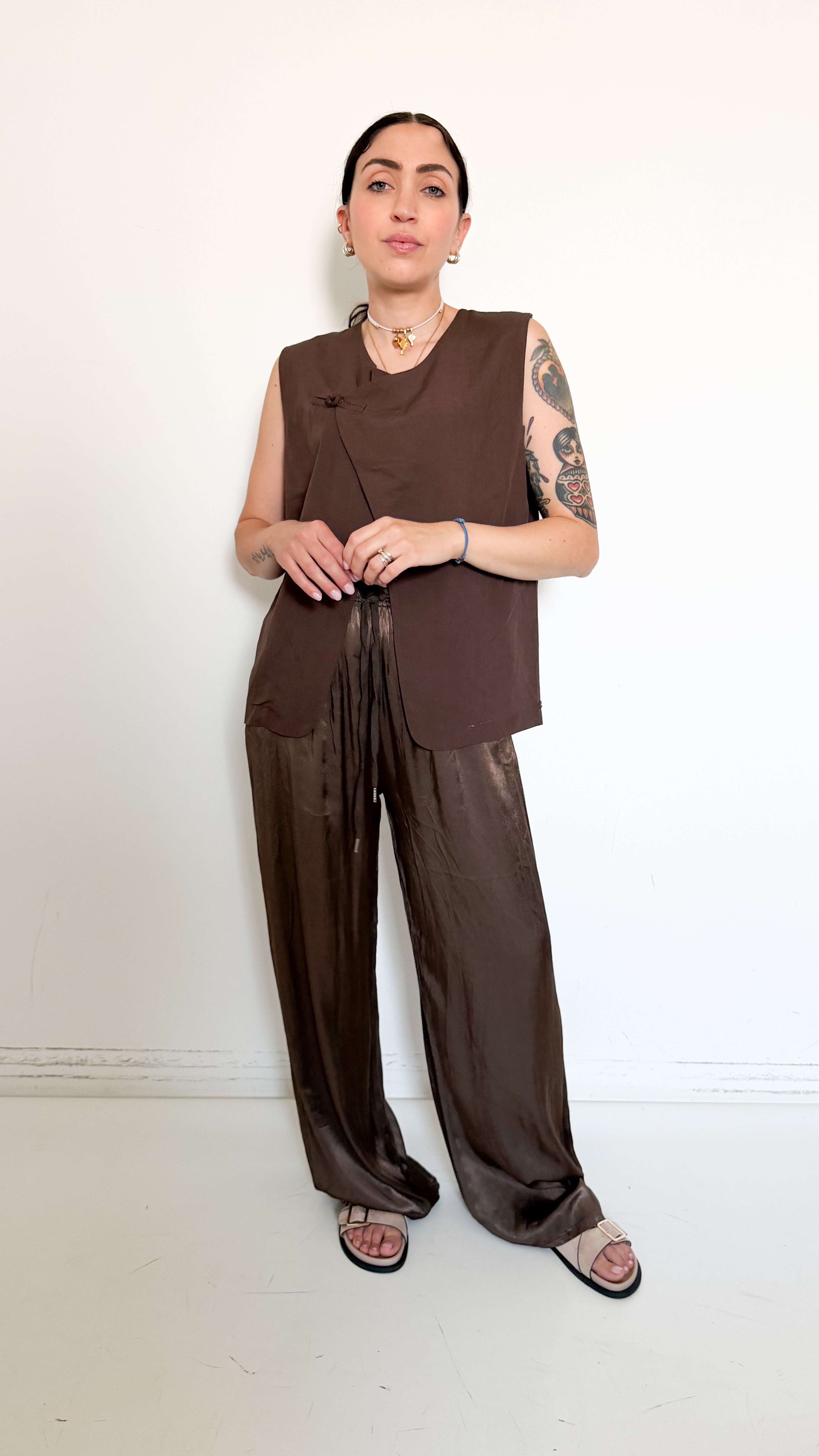 Pantaloni Marroni In Satin