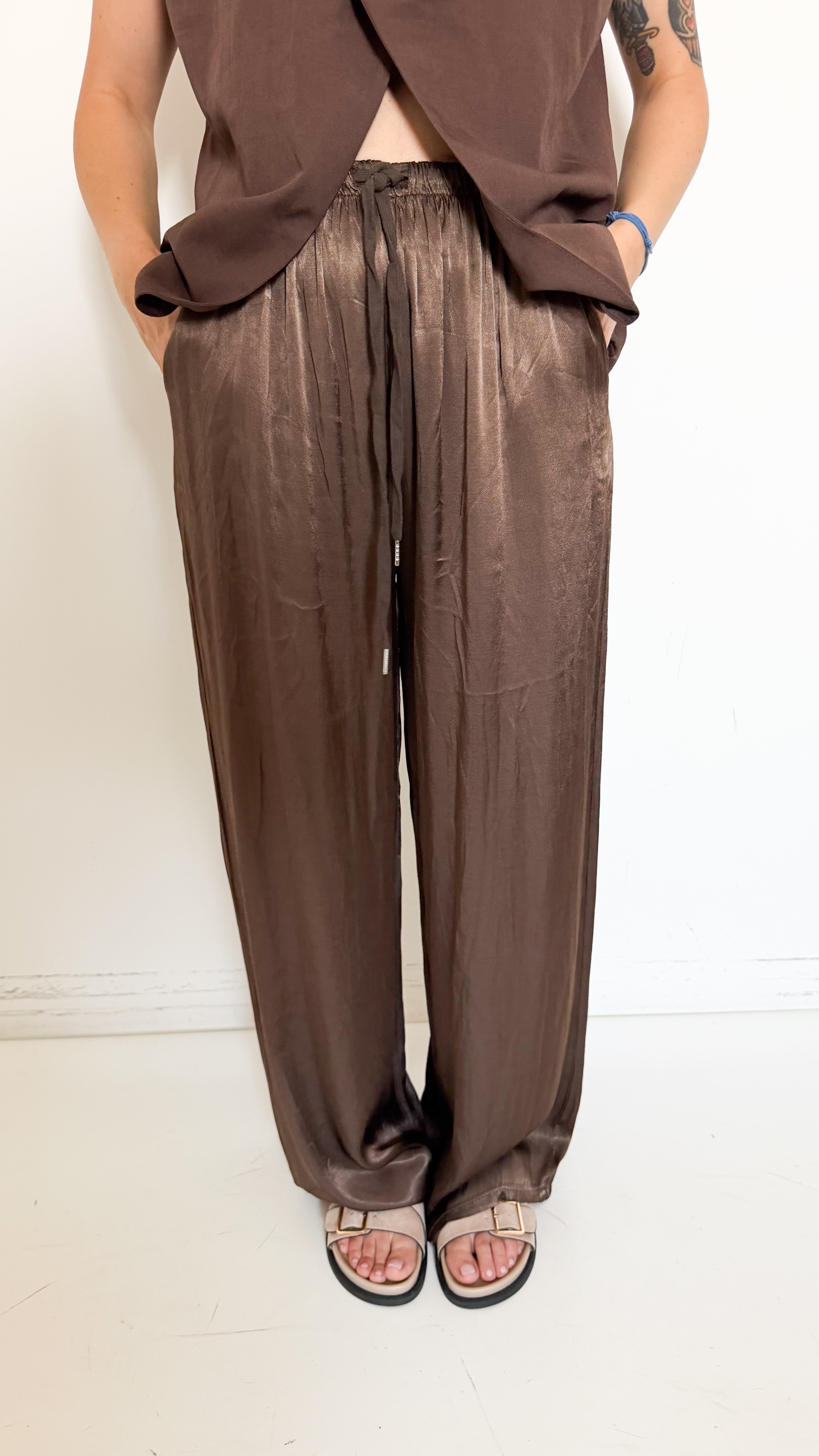 Pantaloni Marroni In Satin
