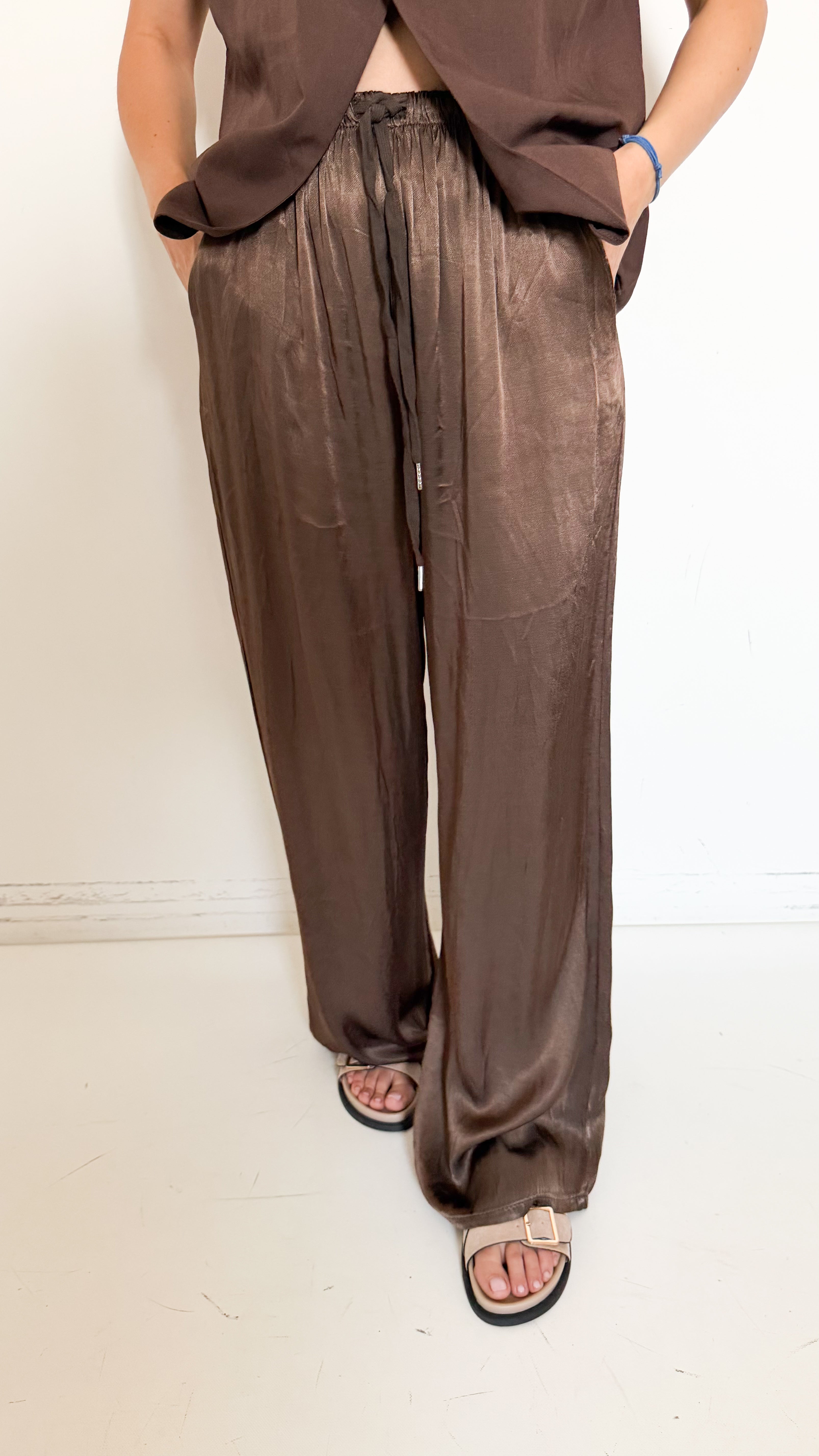Pantaloni Marroni In Satin