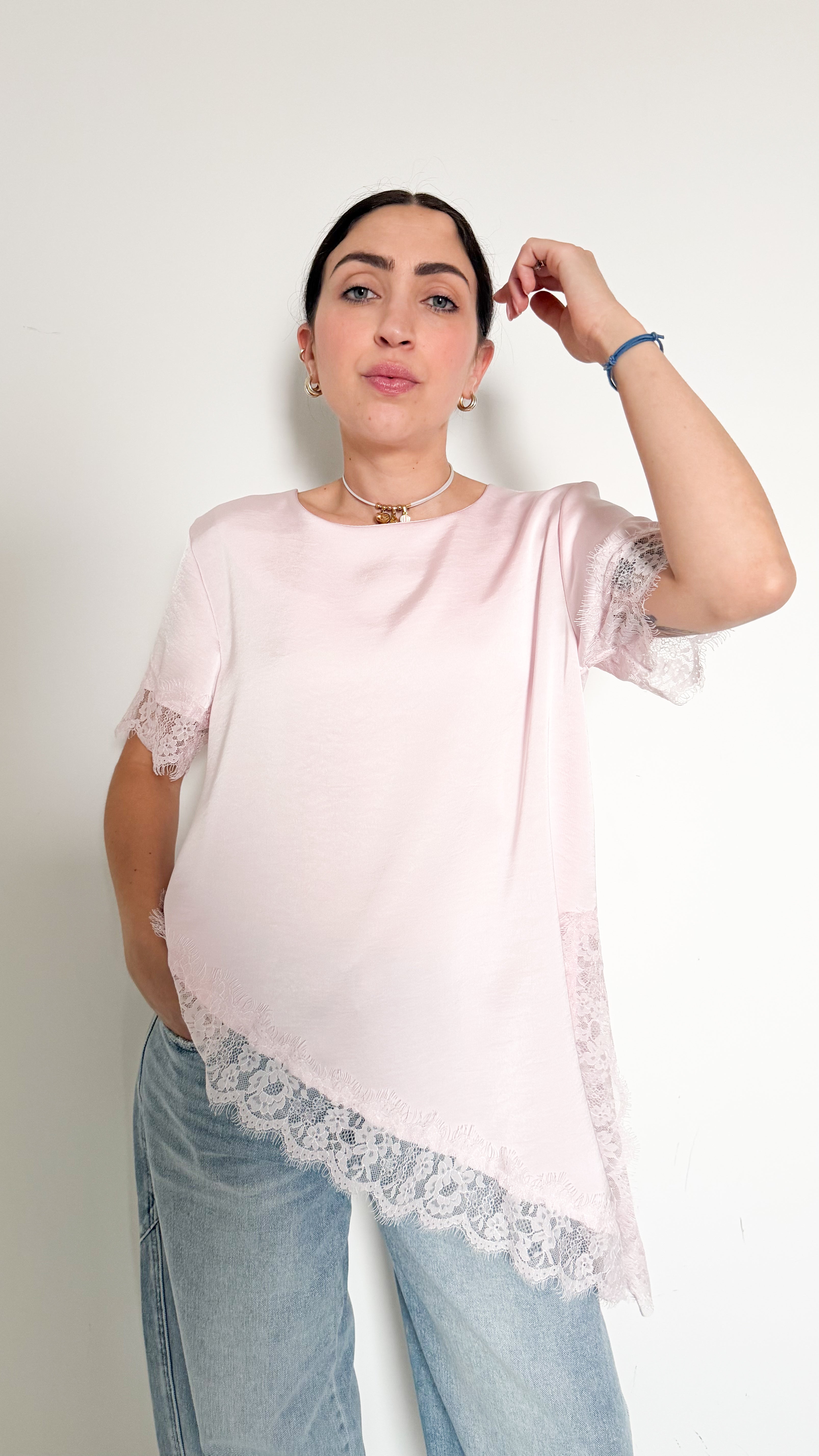 T-Shirt Rosa Con Pizzo