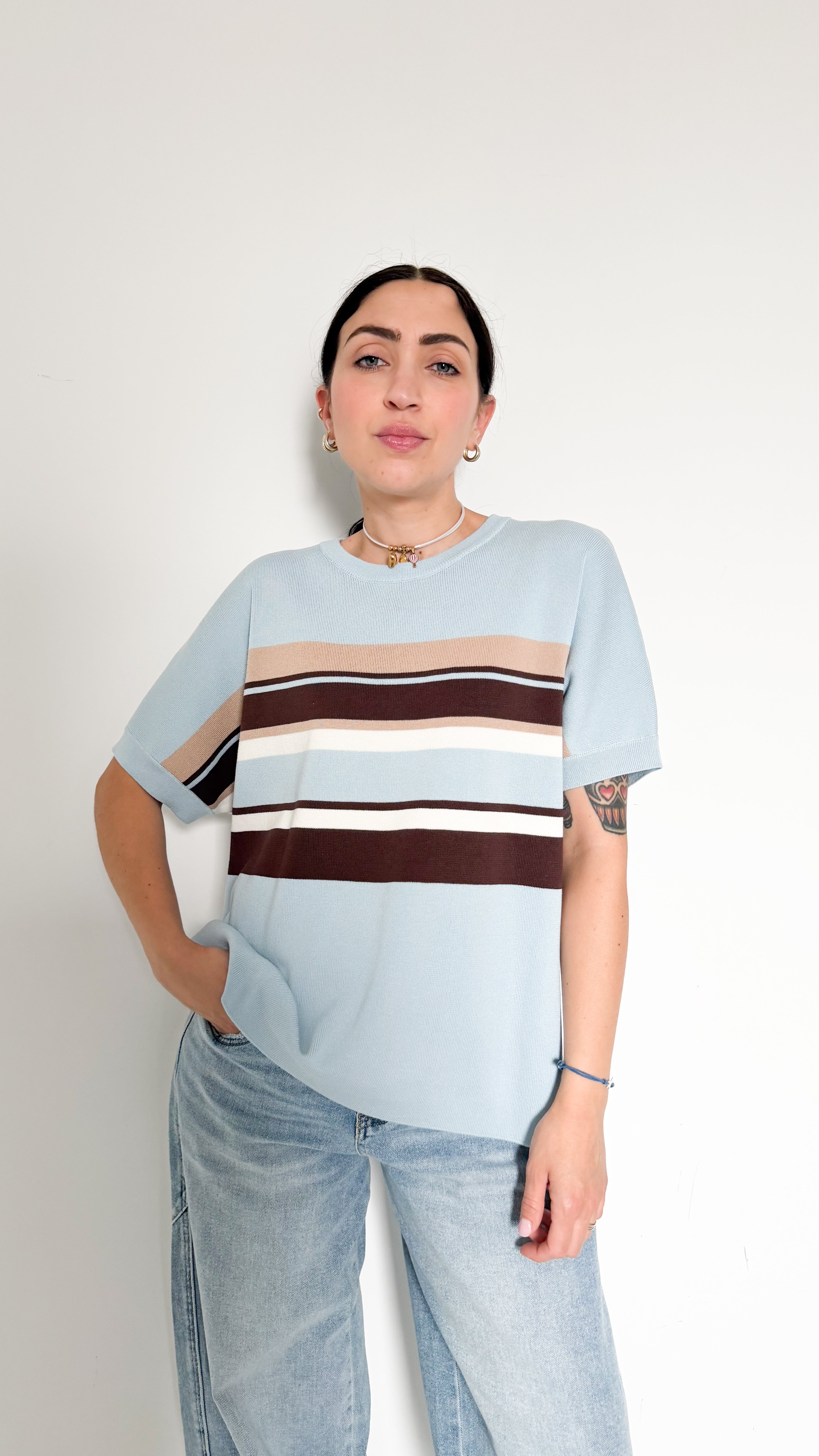 Maglia Over Celeste A Righe