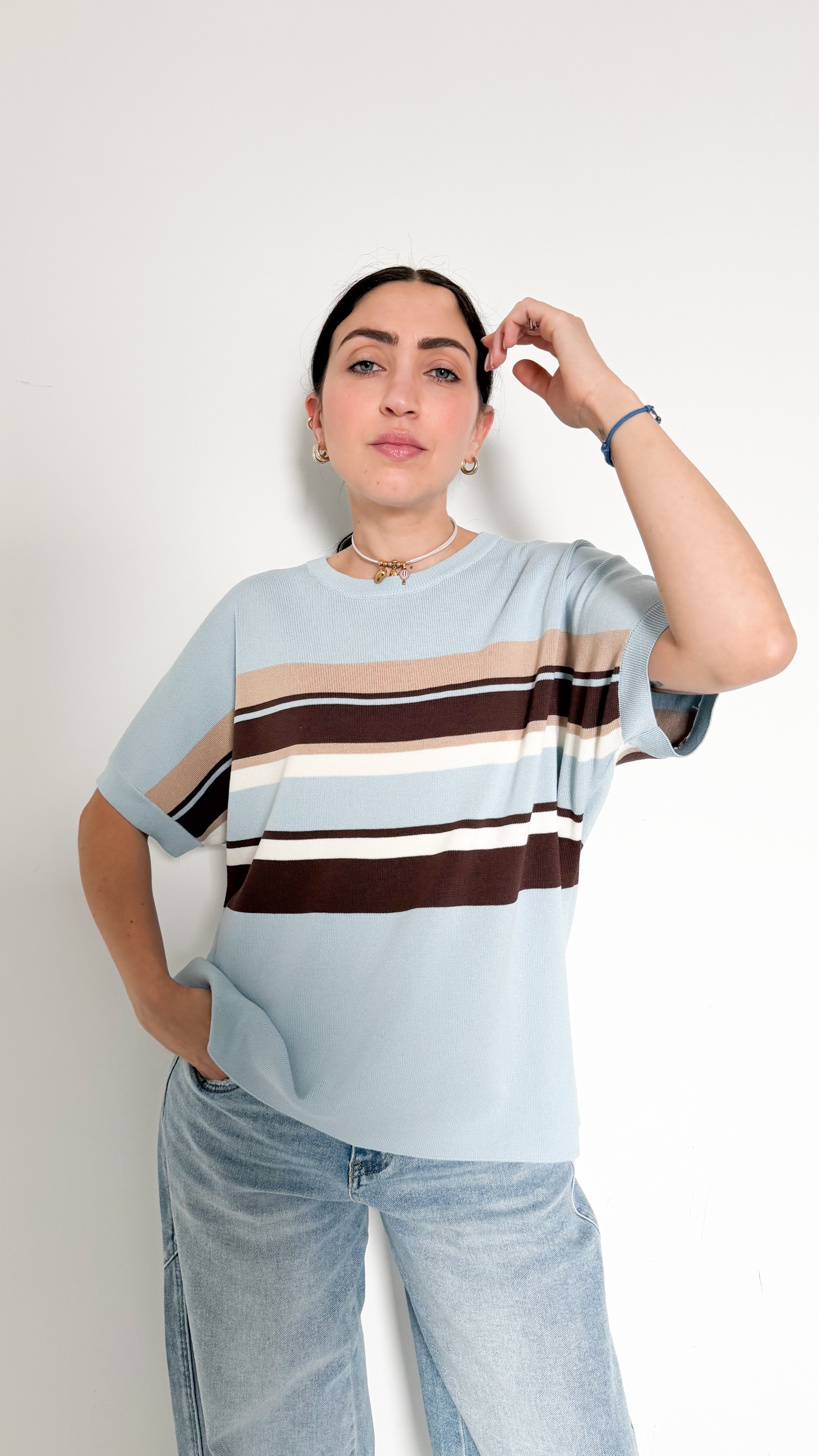 Maglia Over Celeste A Righe
