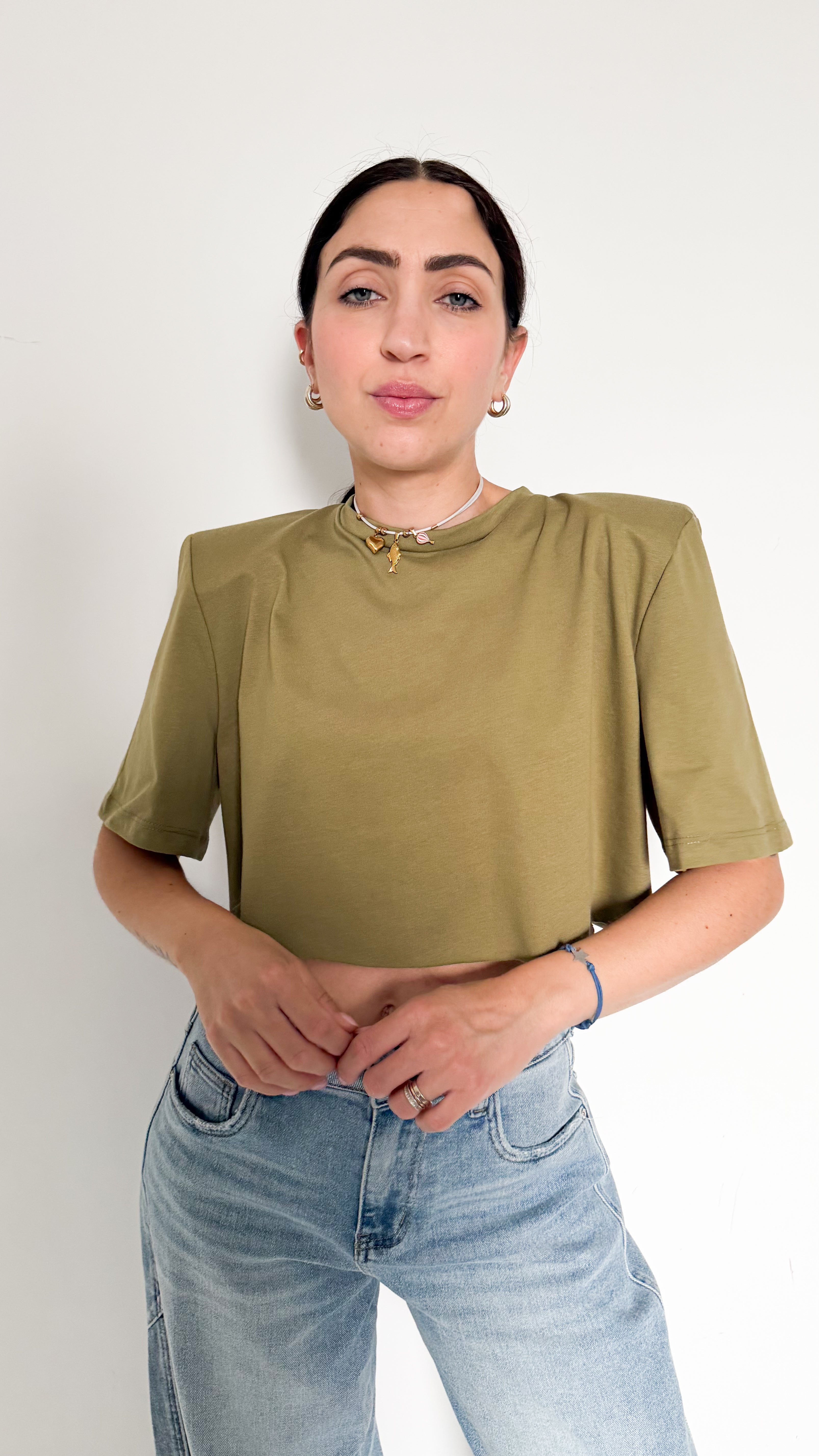 T-Shirt Verde Crop Con Spalline