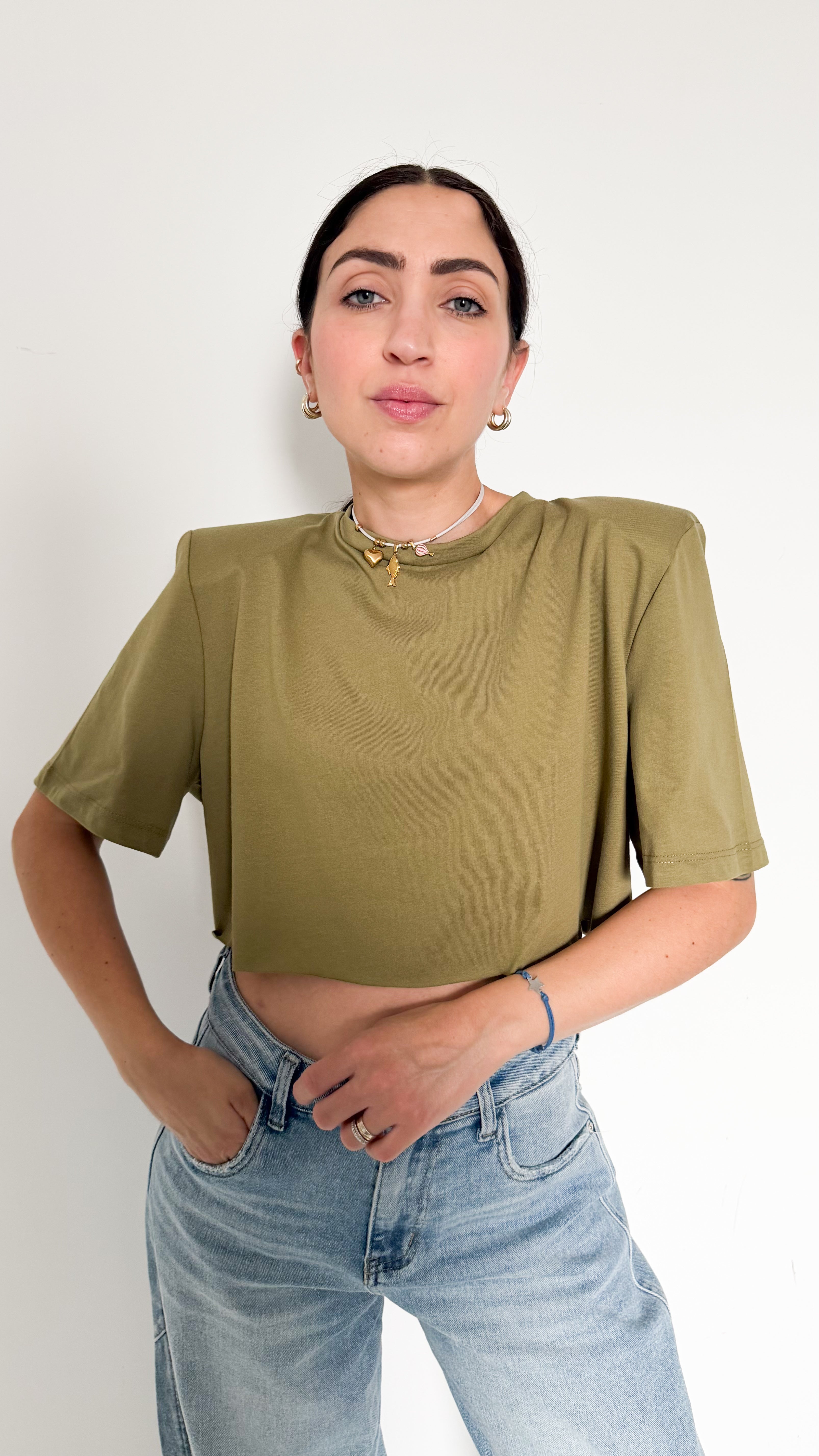 T-Shirt Verde Crop Con Spalline