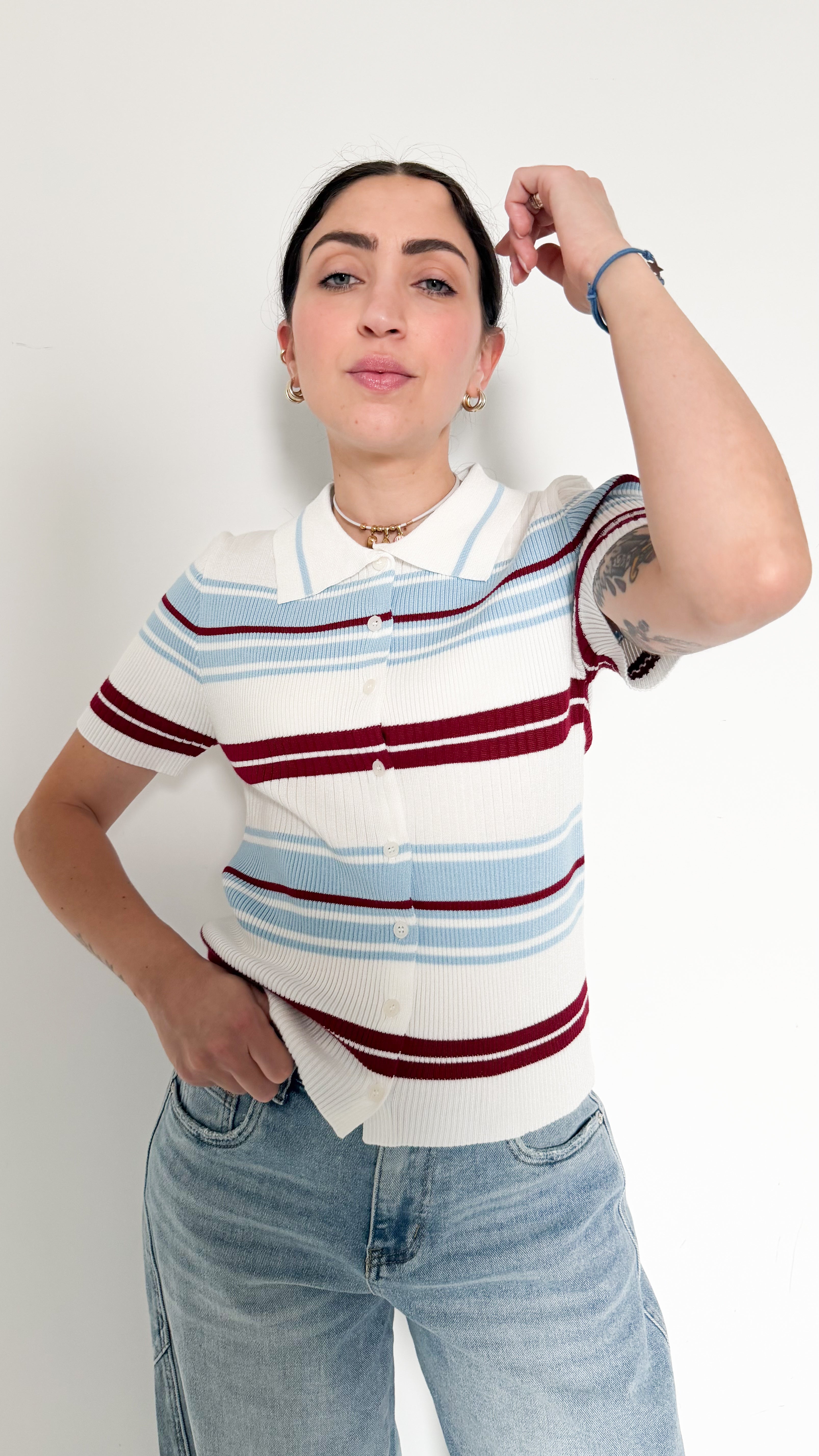 Polo Cardigan Bianco A Righe