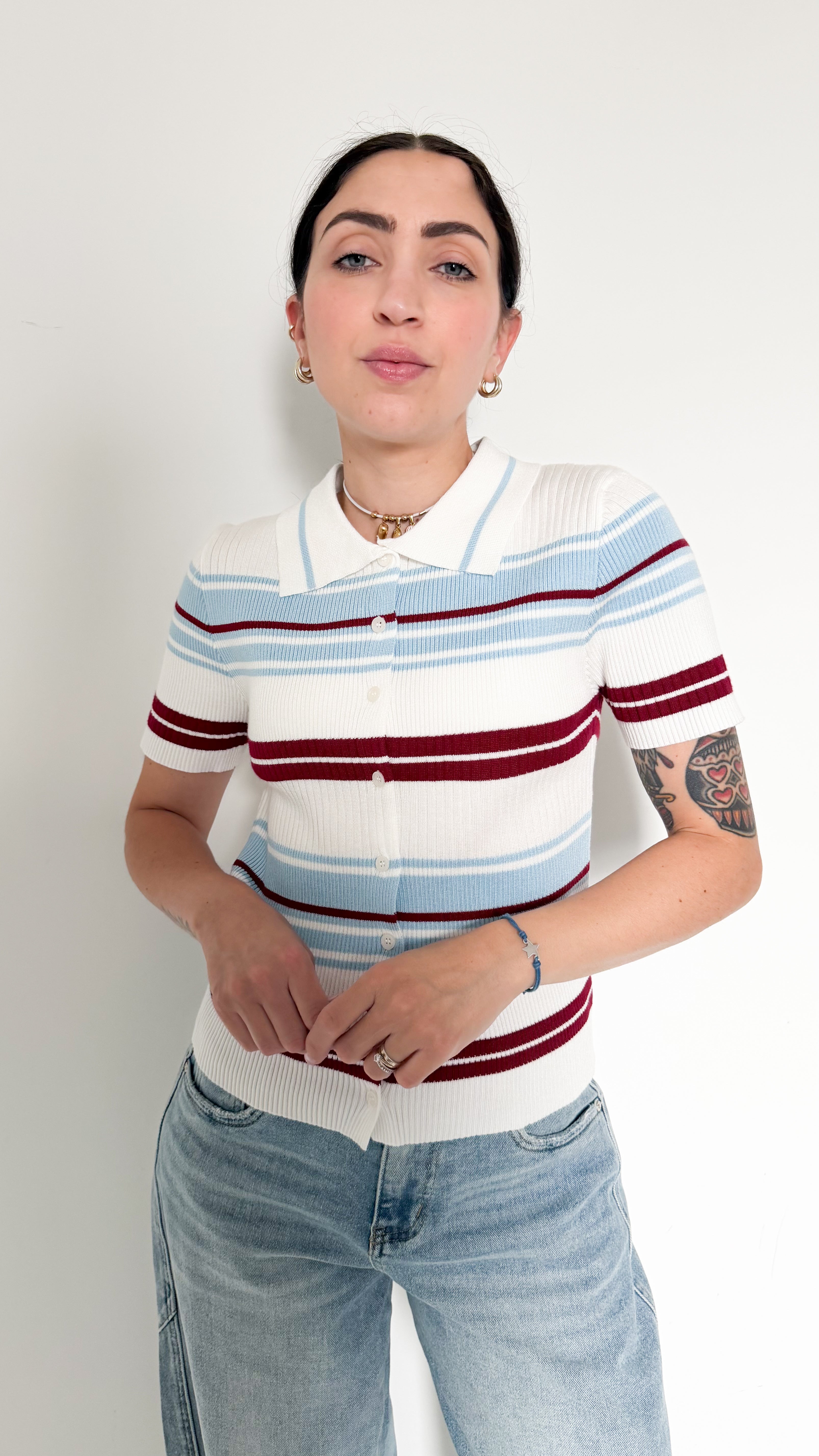 Polo Cardigan Bianco A Righe