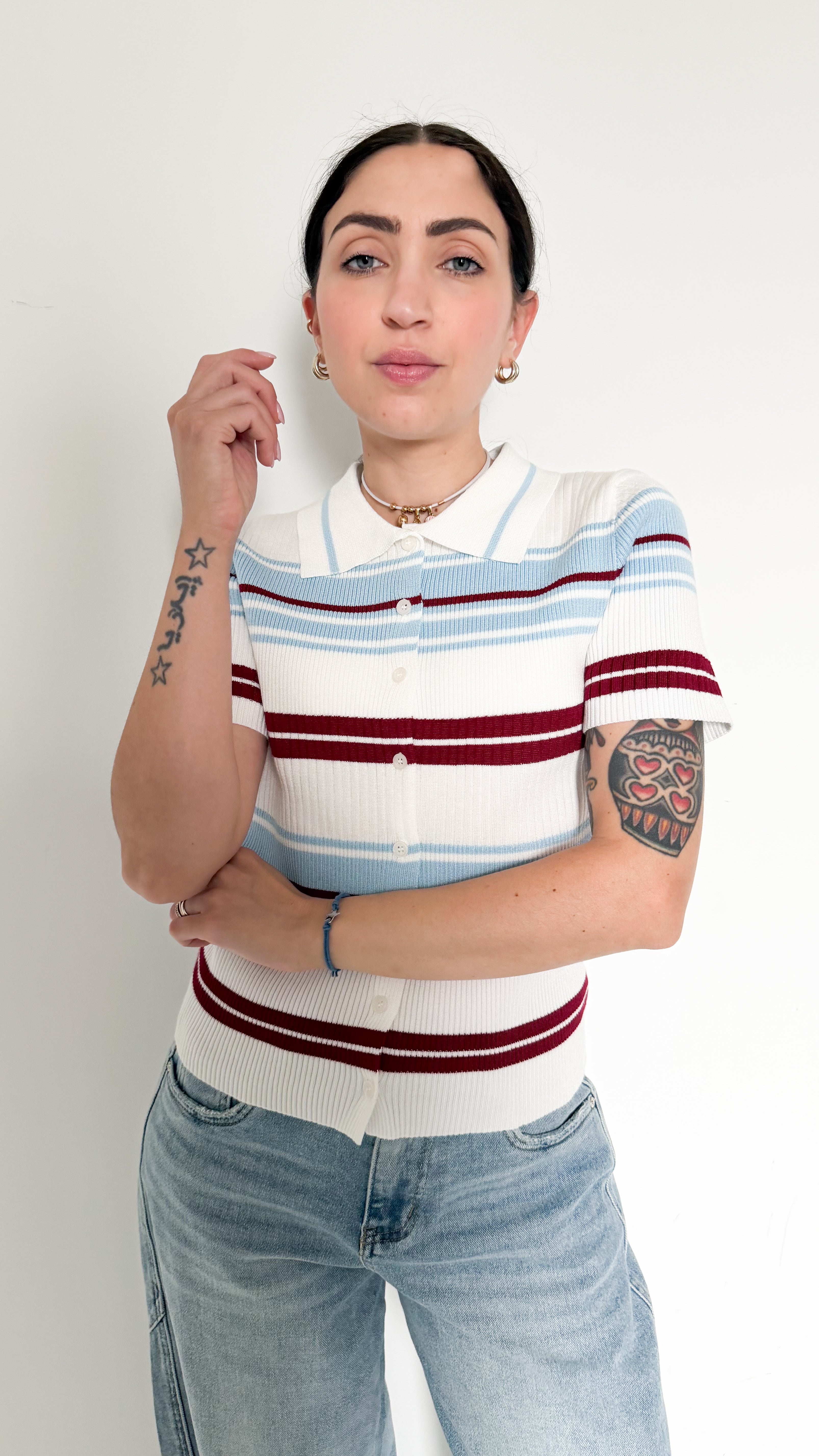 Polo Cardigan Bianco A Righe