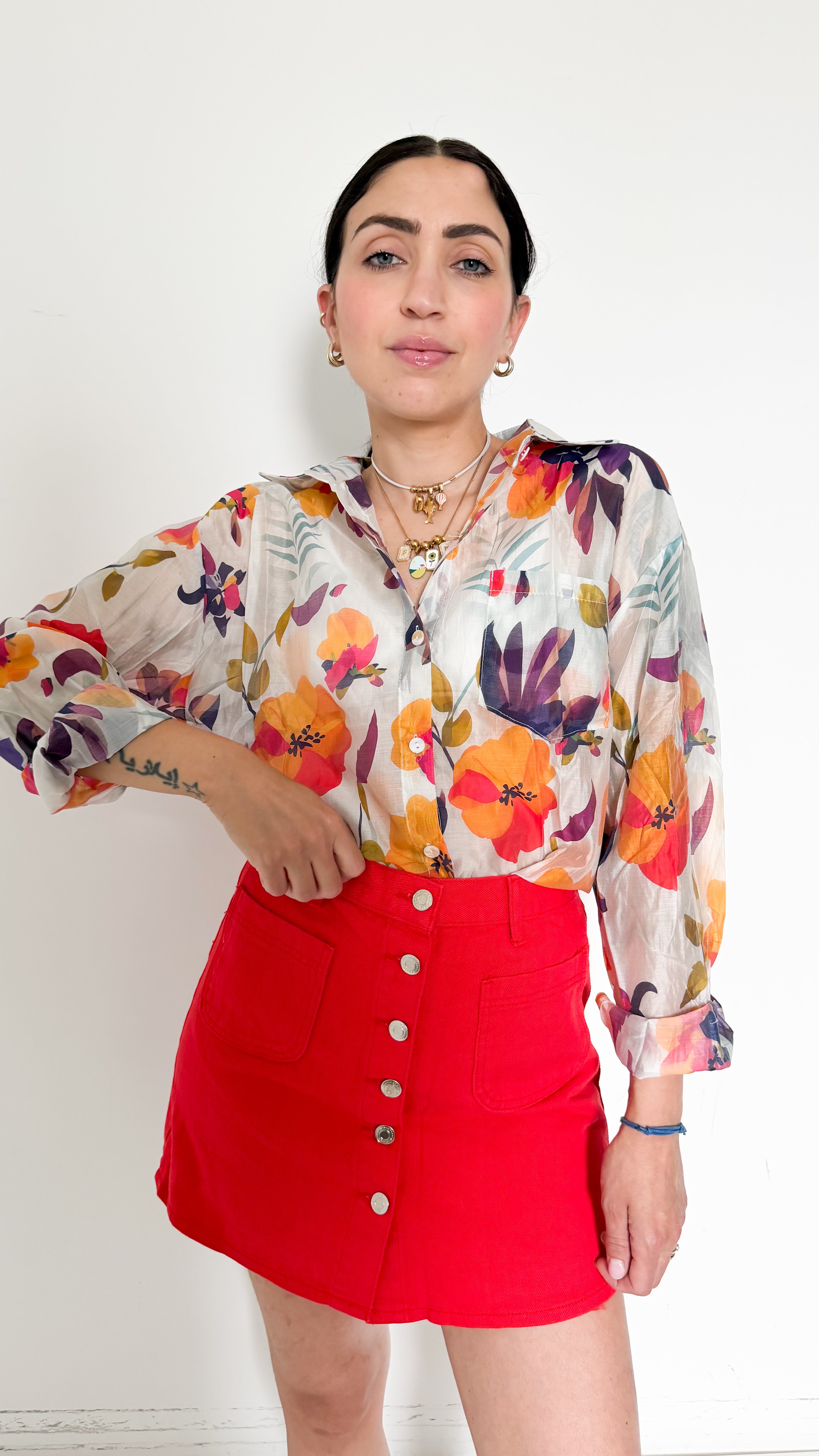 Camicia Velata Arancio A Fiori
