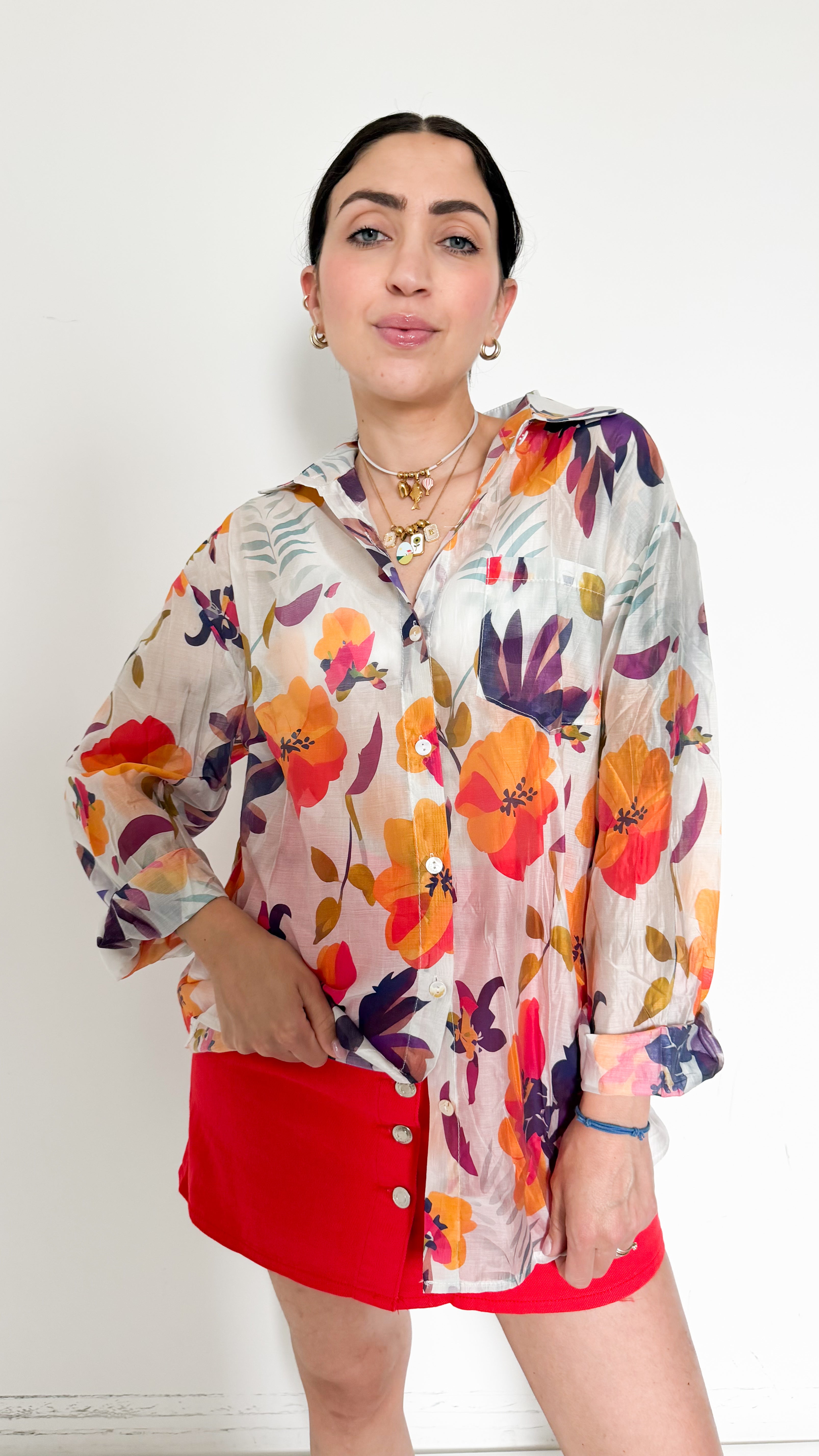 Camicia Velata Arancio A Fiori