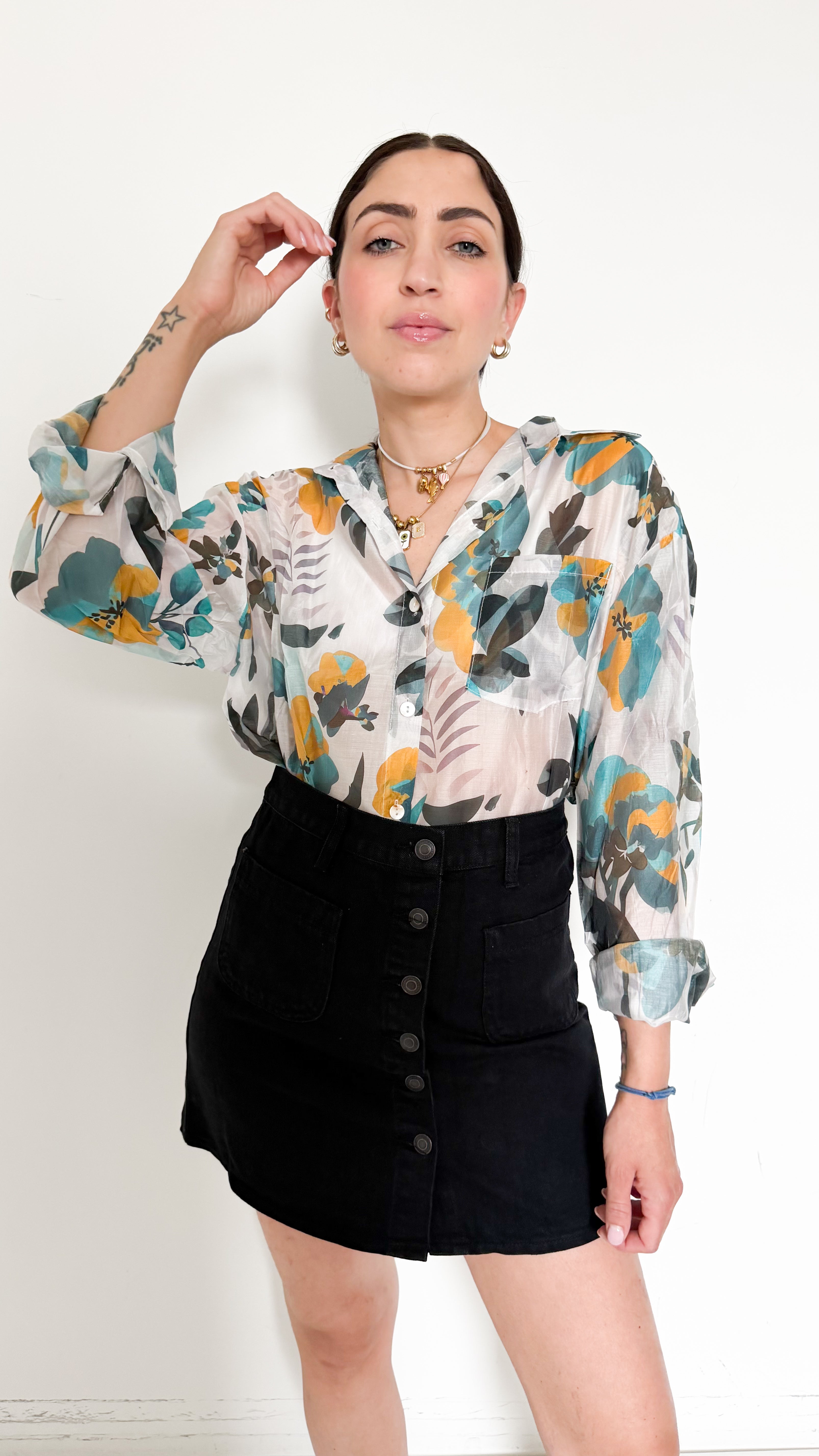 Camicia Velata Verde A Fiori