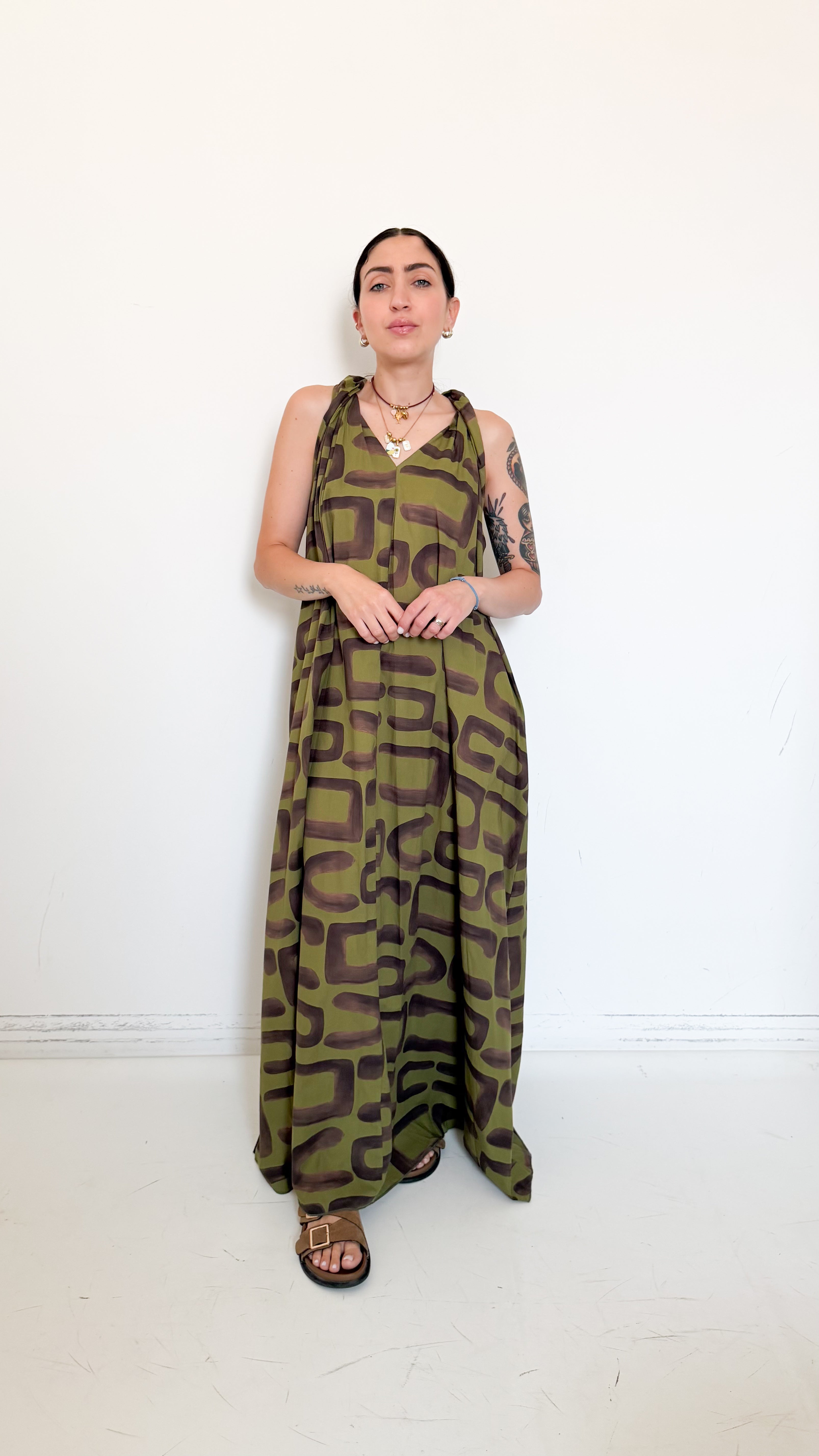 Vestito Verde/Marrone A Fantasia