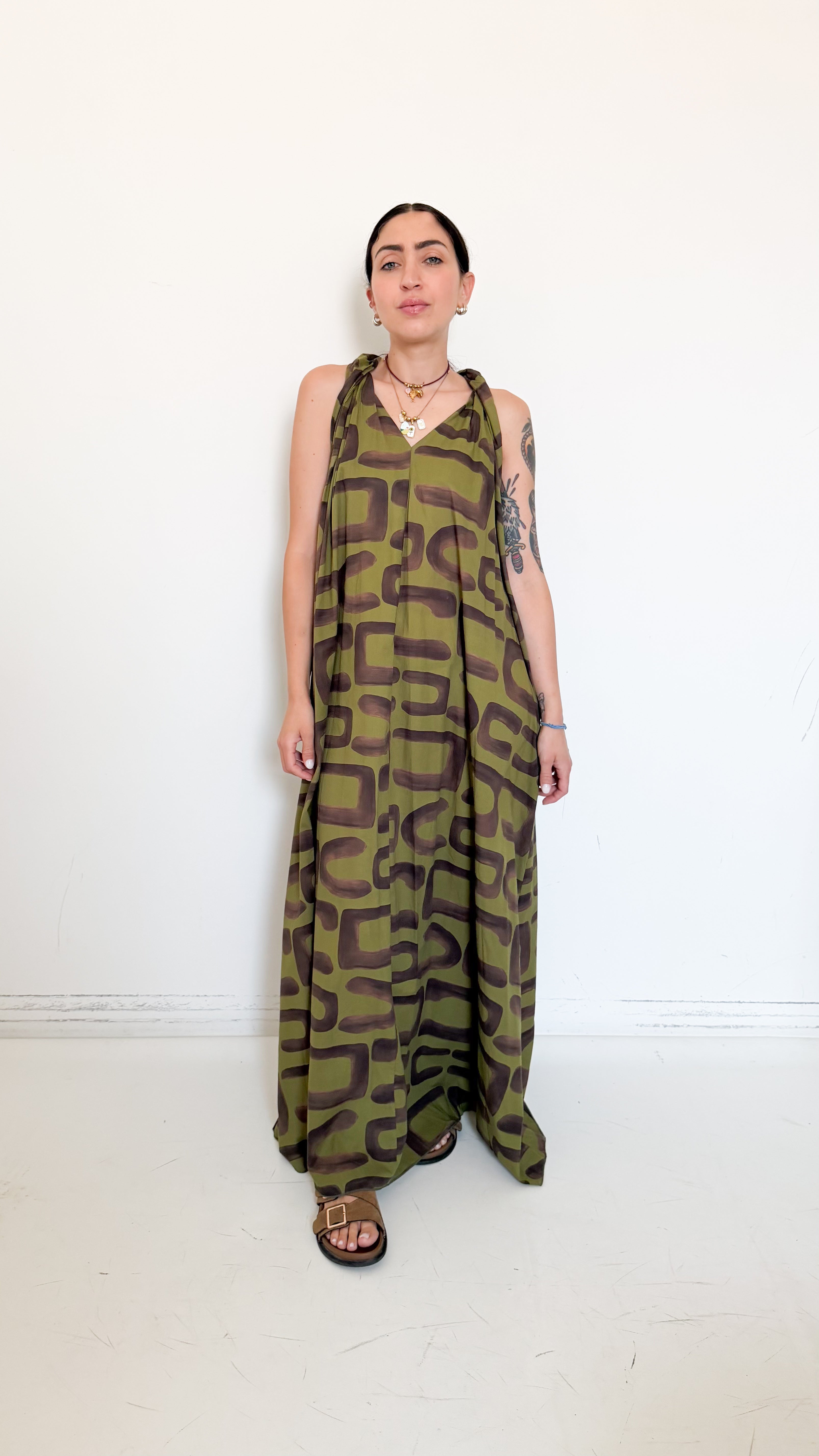 Vestito Verde/Marrone A Fantasia