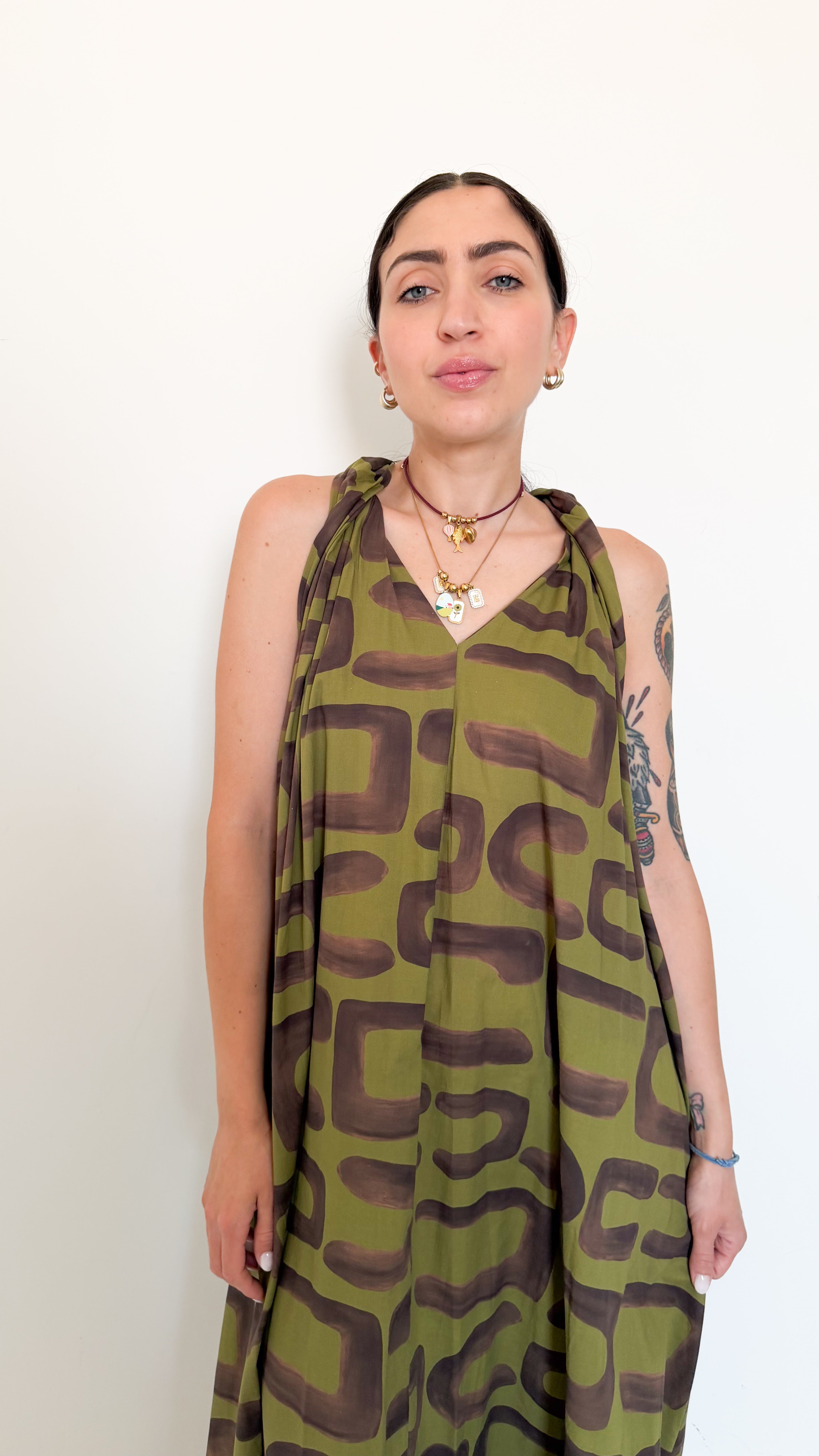 Vestito Verde/Marrone A Fantasia