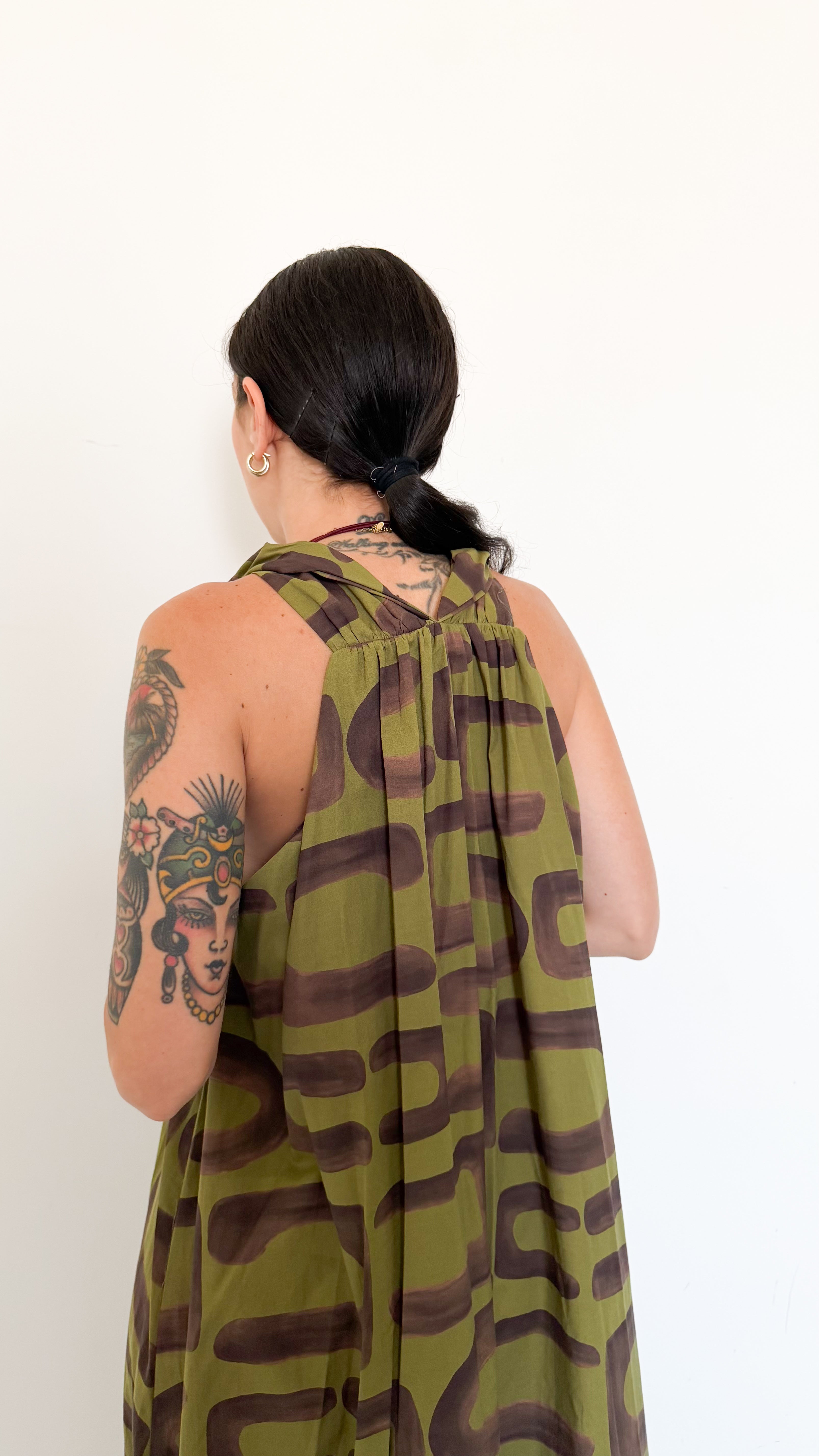 Vestito Verde/Marrone A Fantasia