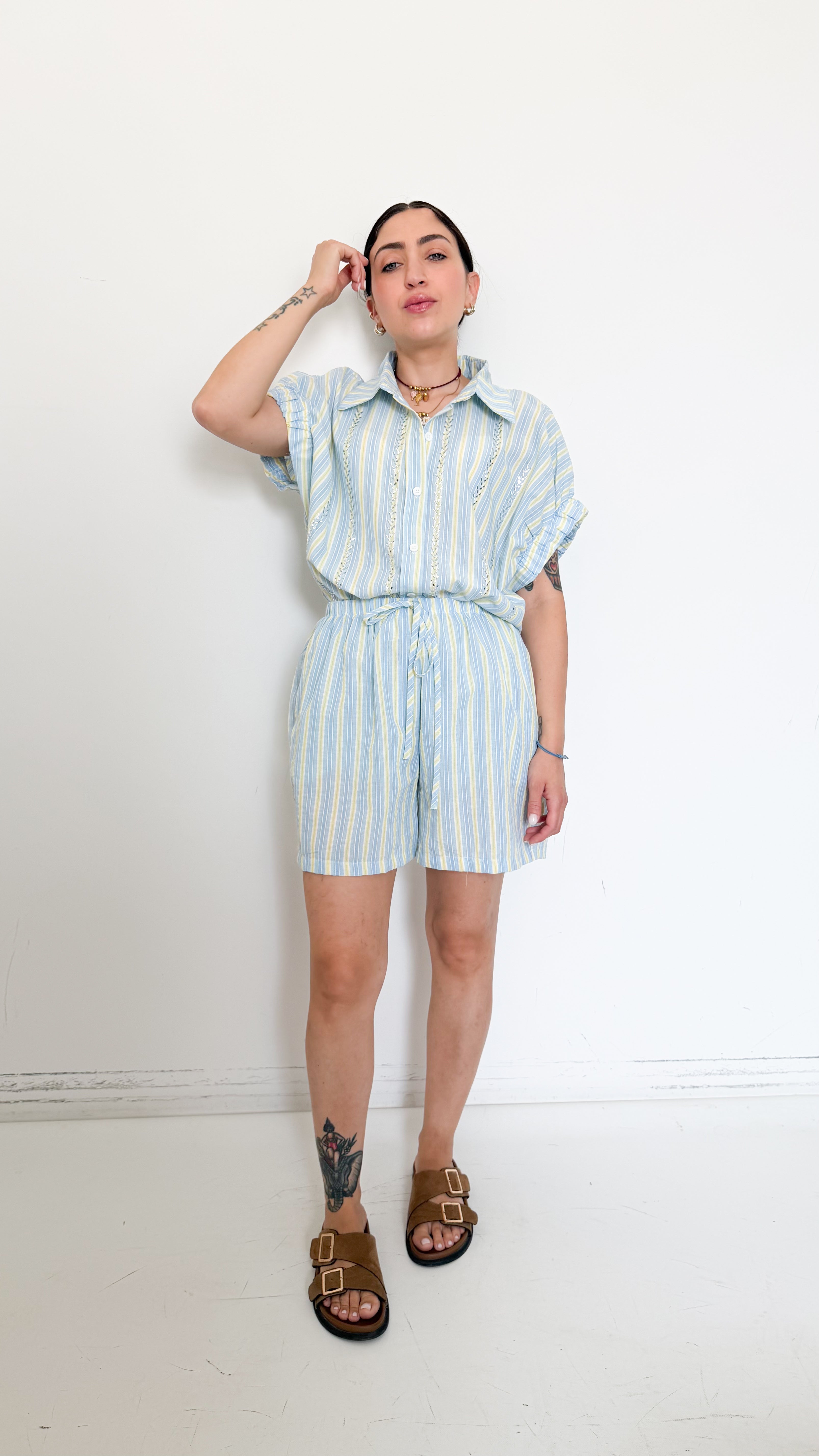 Coordinato Celeste/Giallo A Righe