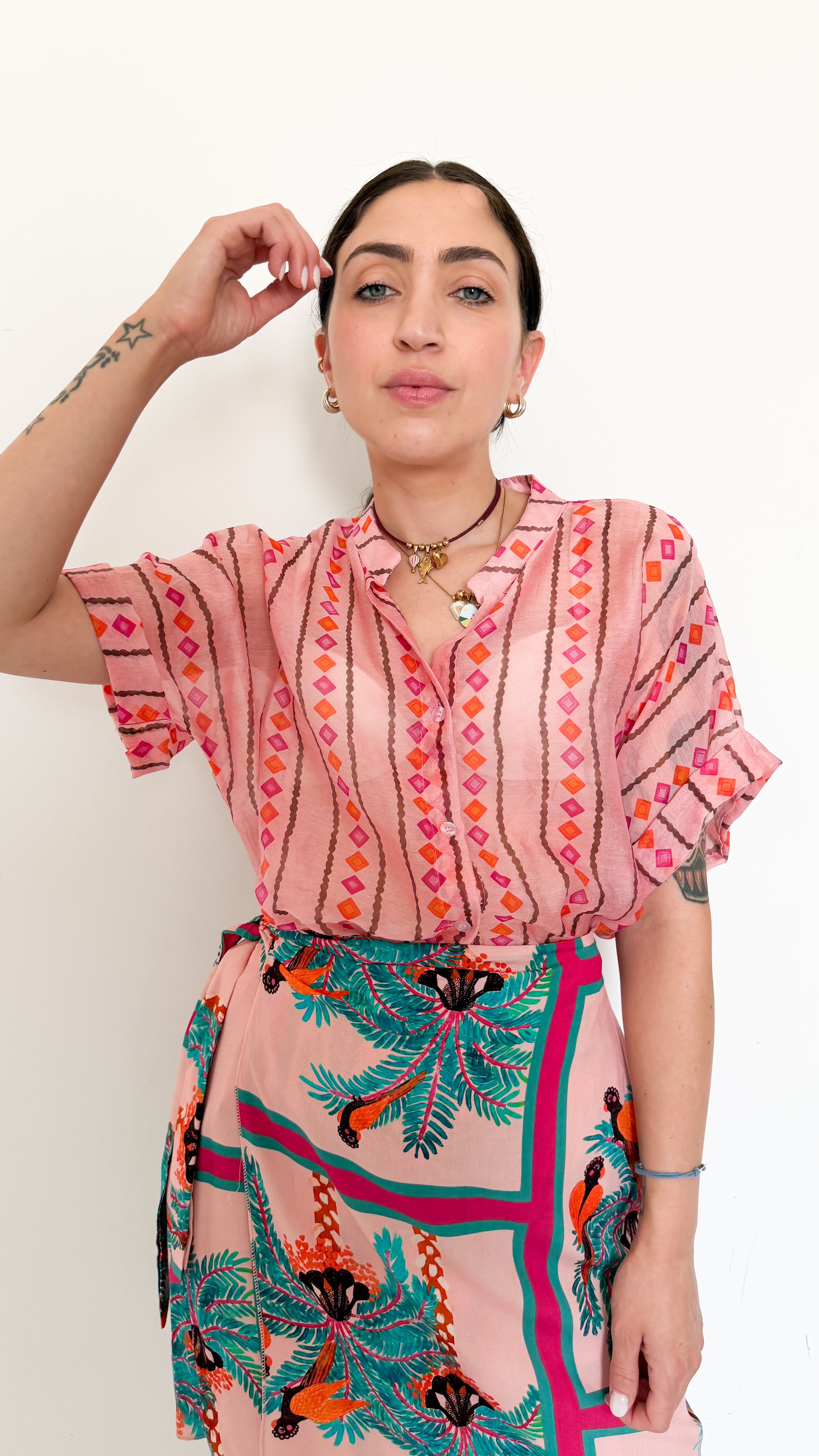 Camicia Mezza Manica Rosa A Fantasia