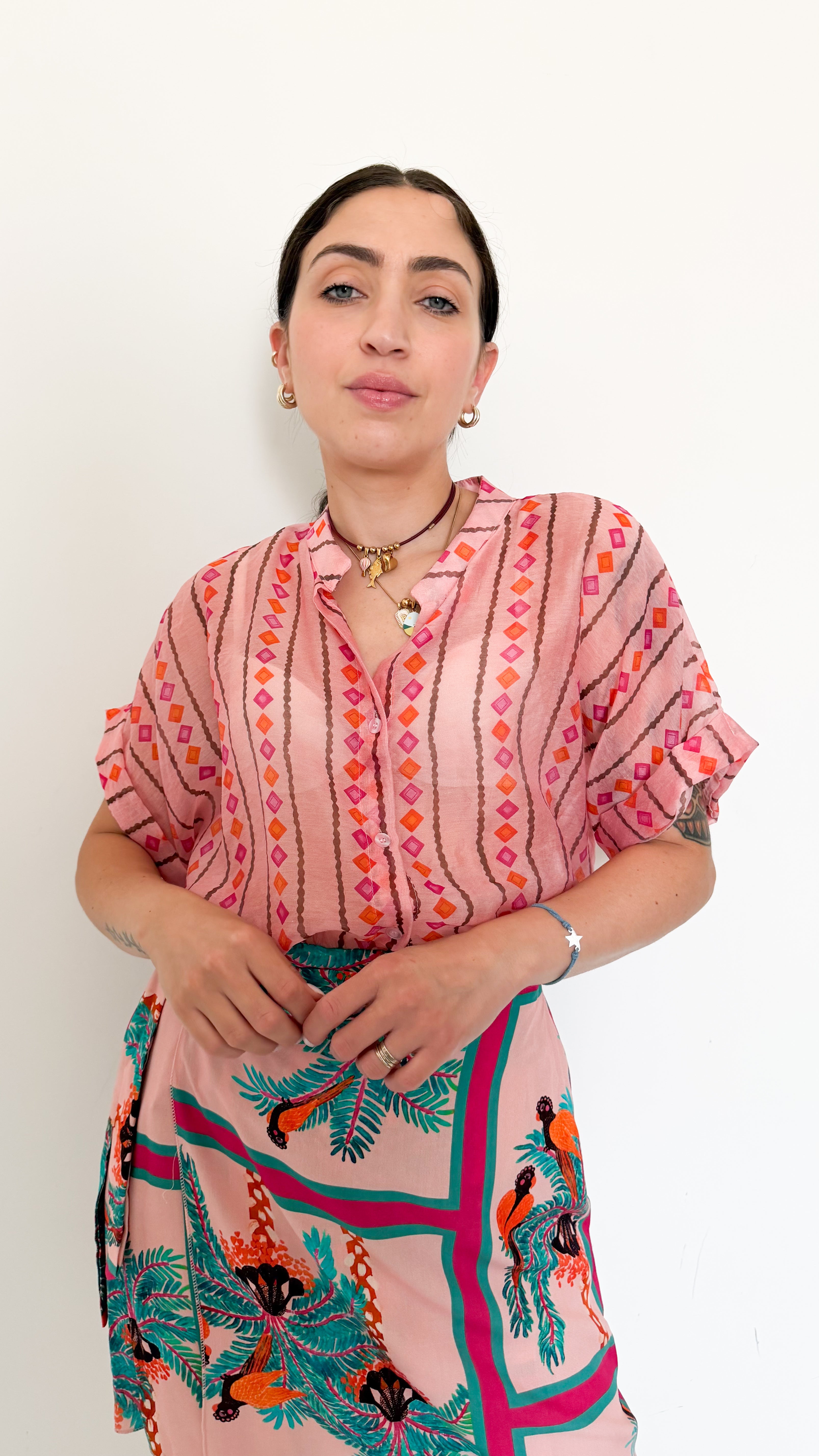 Camicia Mezza Manica Rosa A Fantasia