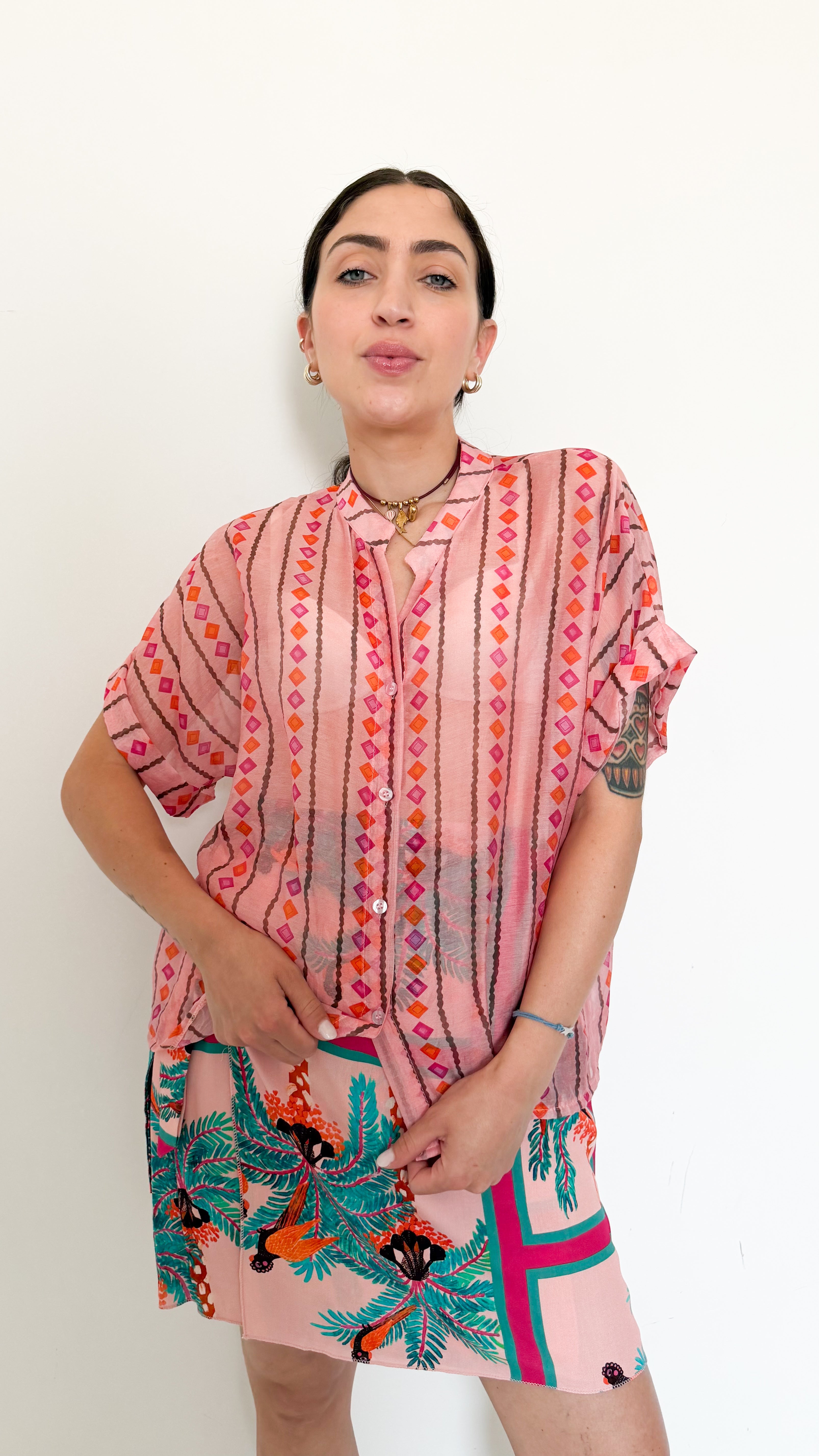Camicia Mezza Manica Rosa A Fantasia